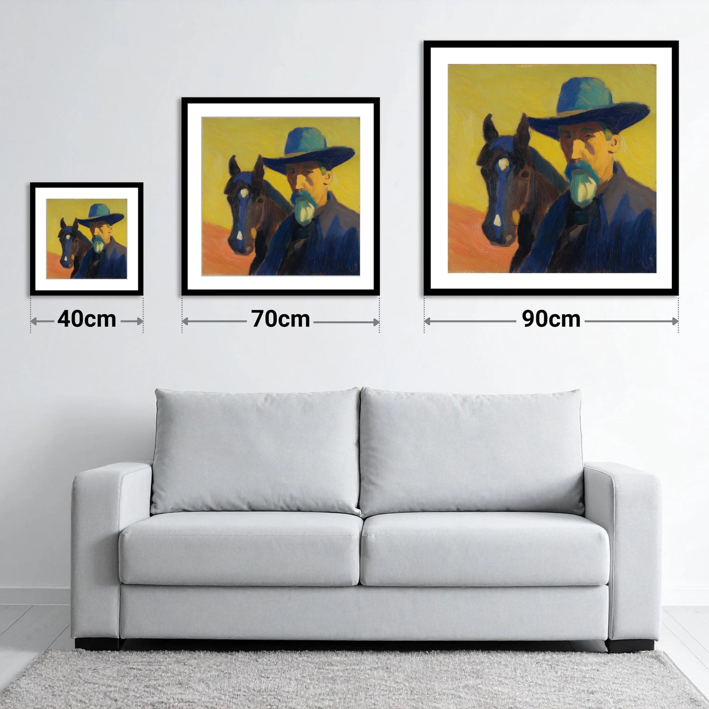 Vibrant Western Bond - size guide showing 40cm, 70cm and 90cm art prints