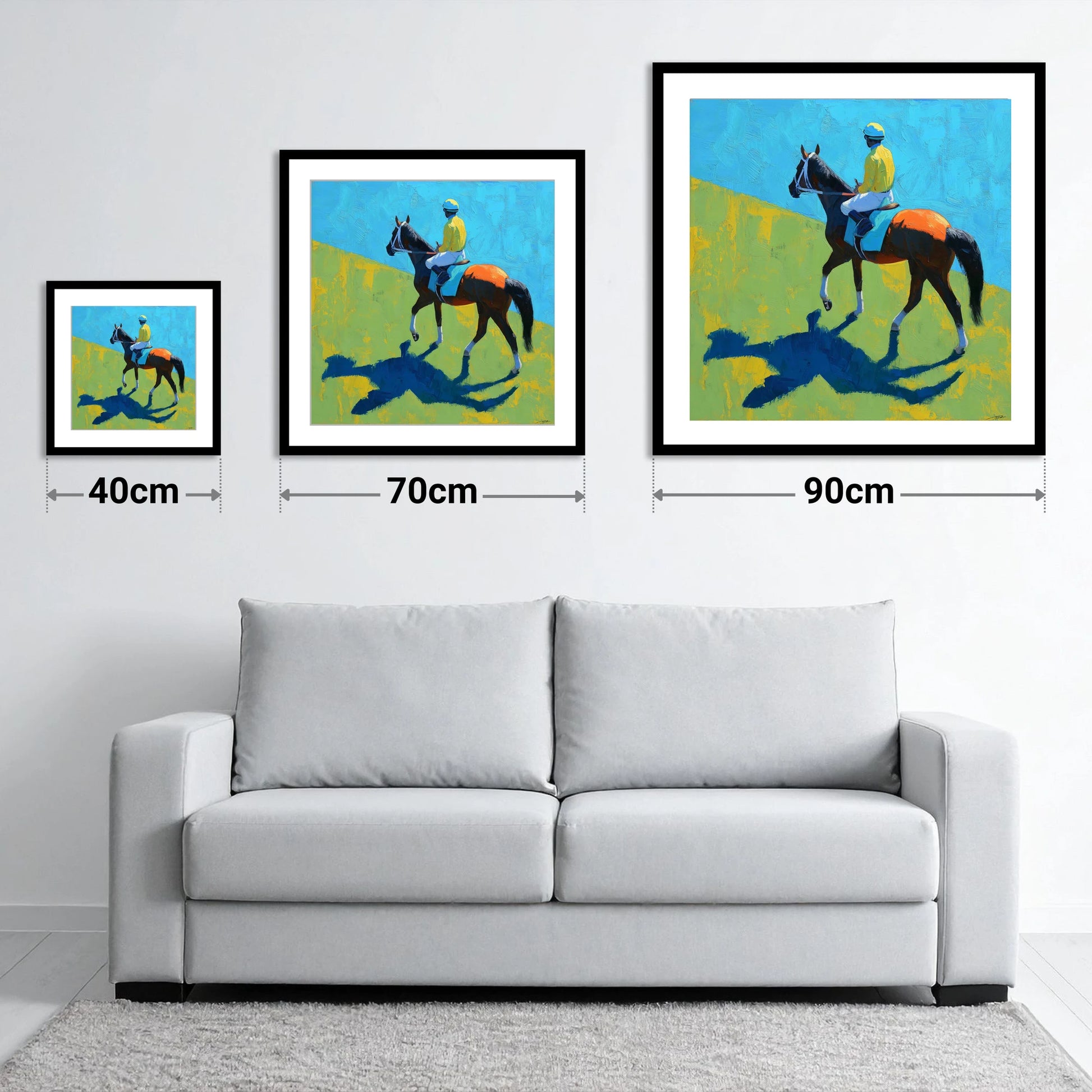 To The Start - size guide showing 40cm, 70cm and 90cm art prints