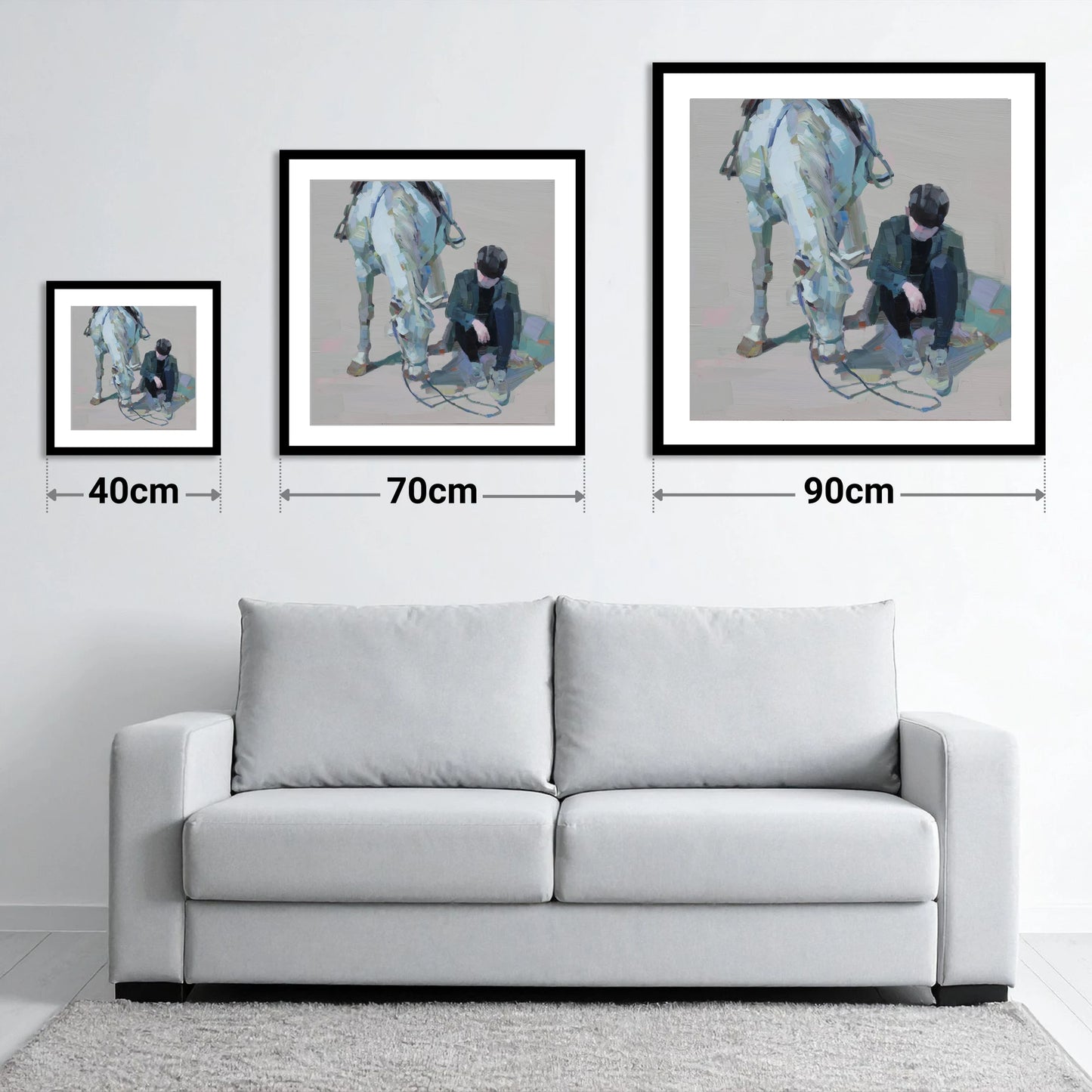 Shared Silence - size guide showing 40cm, 70cm and 90cm art prints