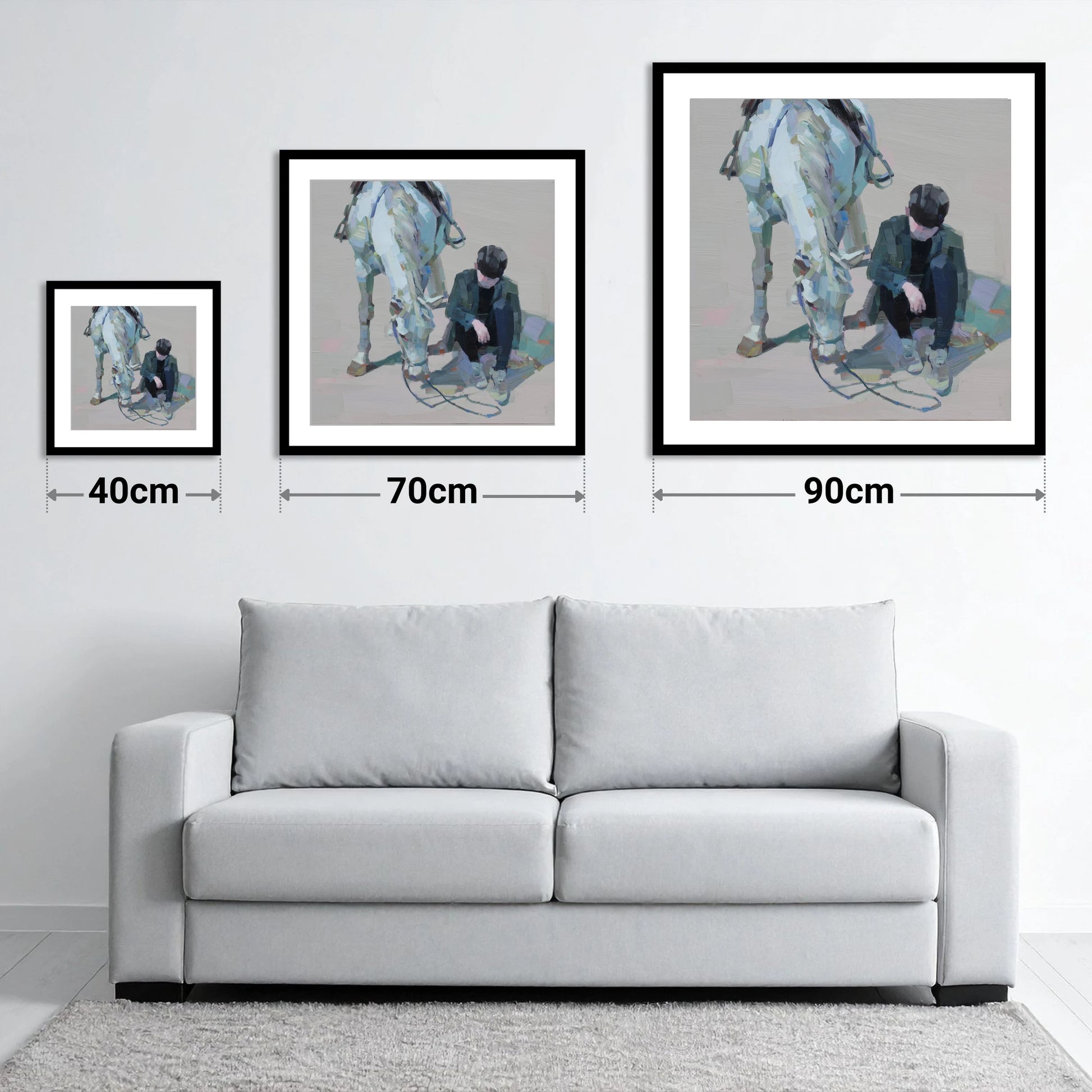 Shared Silence - size guide showing 40cm, 70cm and 90cm art prints