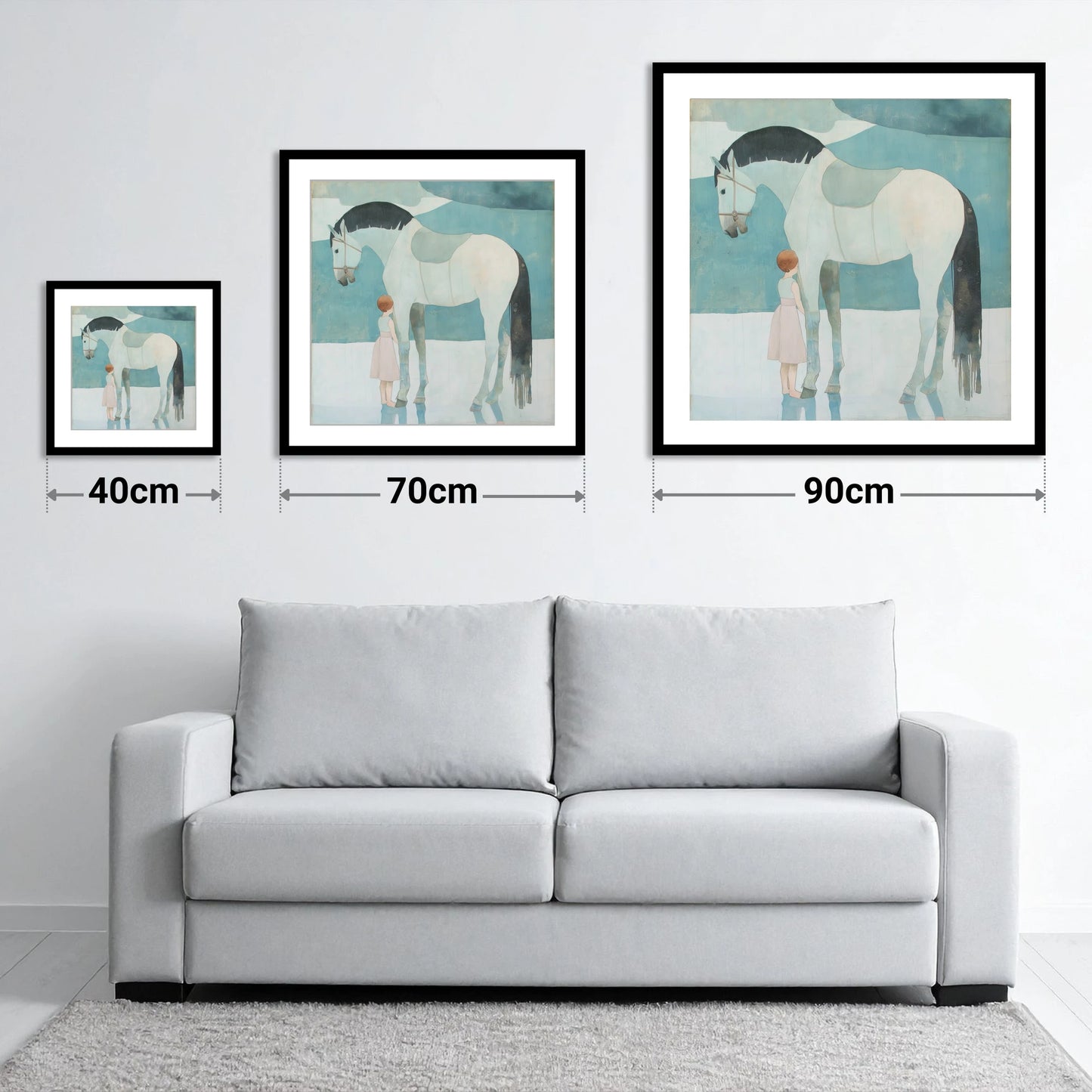 Quiet Trust - size guide showing 40cm, 70cm and 90cm art prints