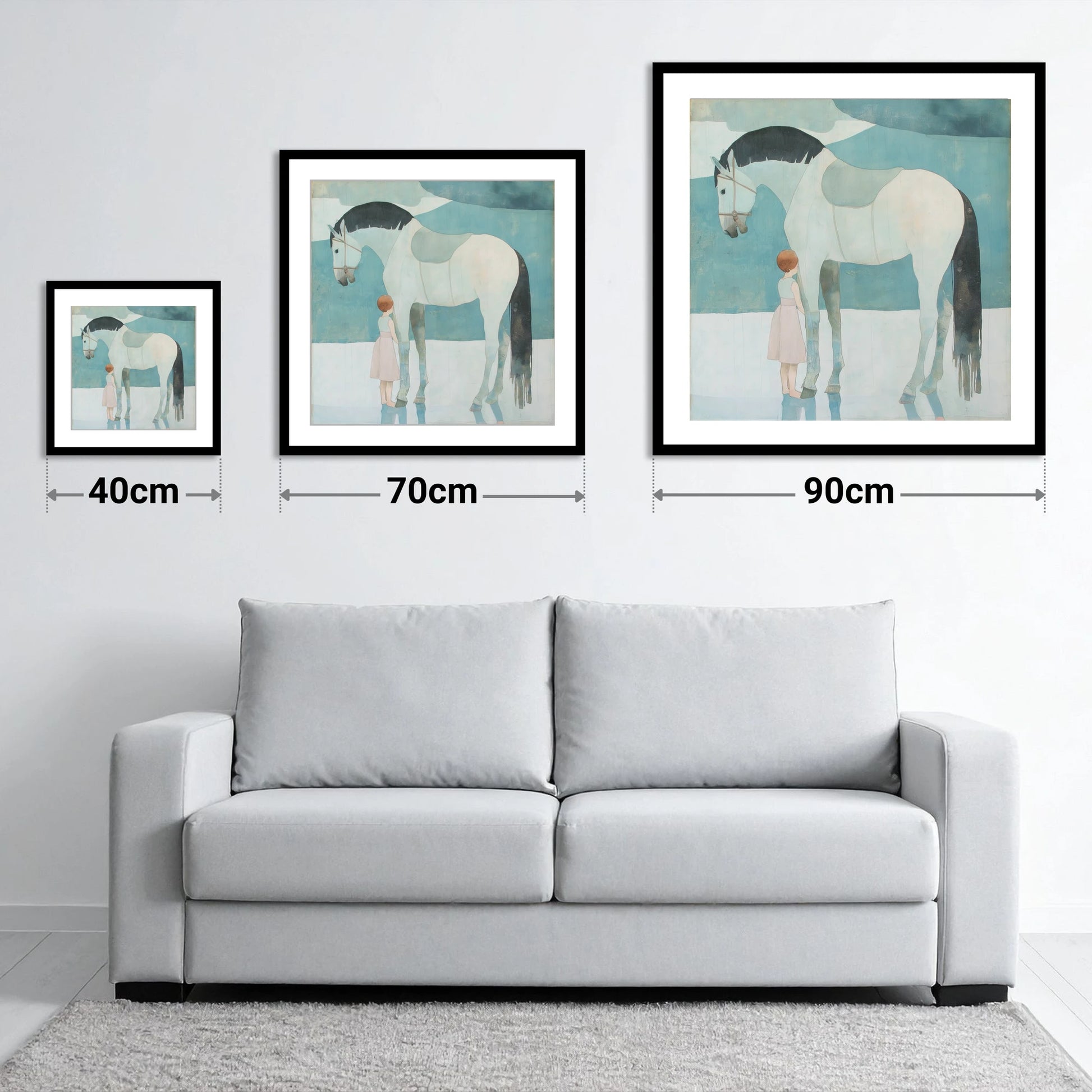 Quiet Trust - size guide showing 40cm, 70cm and 90cm art prints