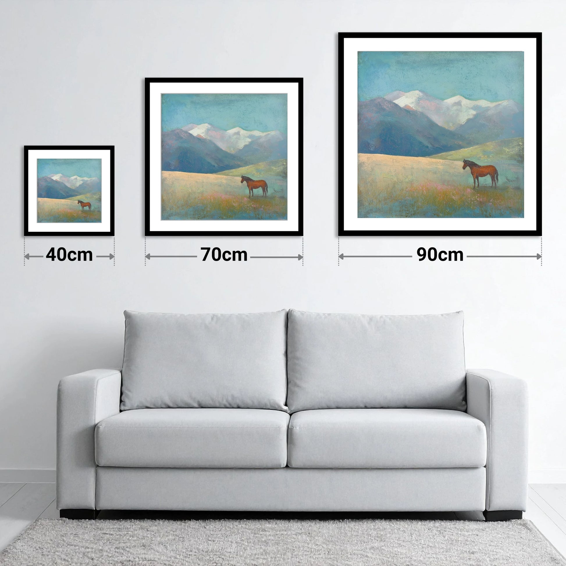 Alpine Solitude - size guide showing 40cm, 70cm and 90cm art prints