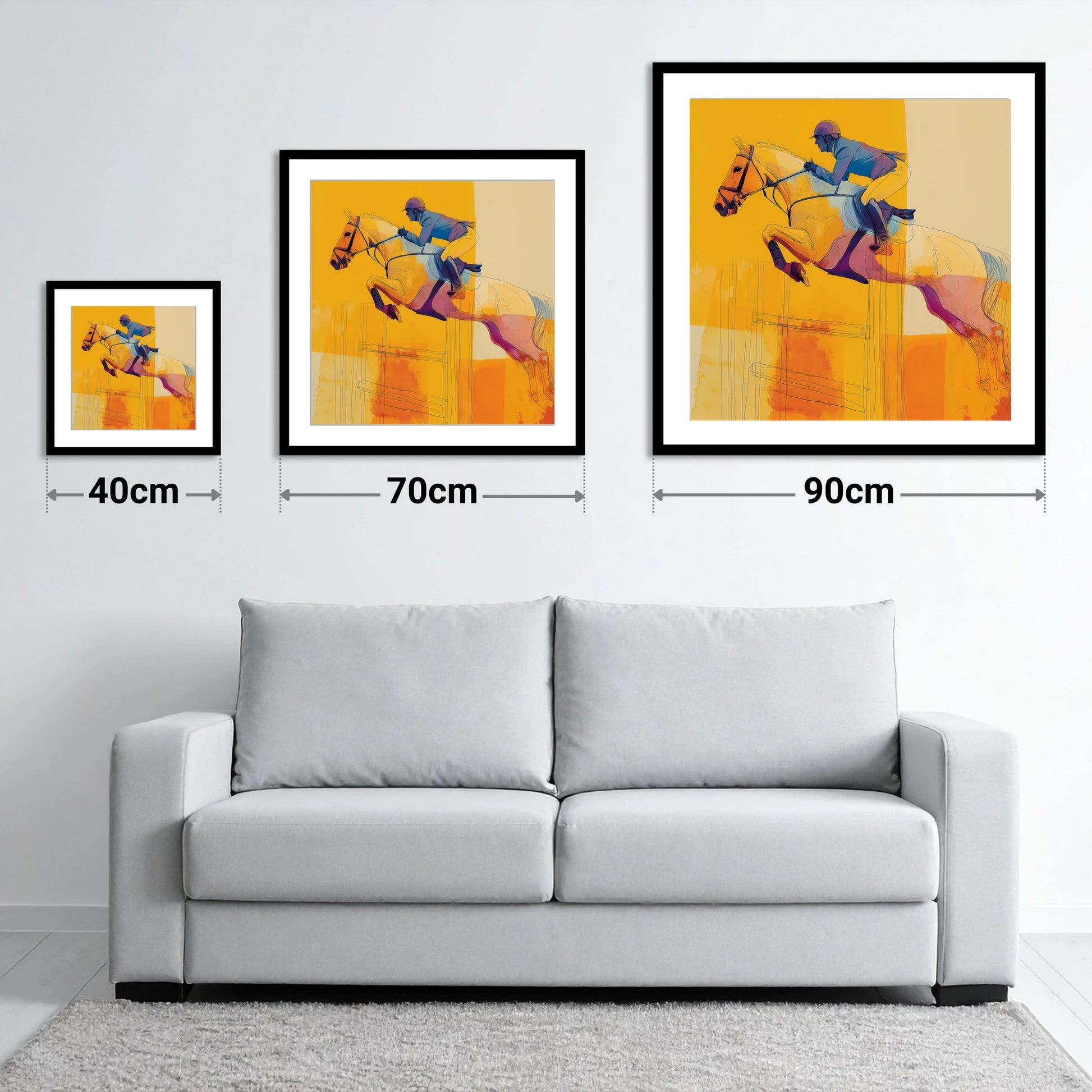 Amber Flight - size guide showing 40cm, 70cm and 90cm art prints
