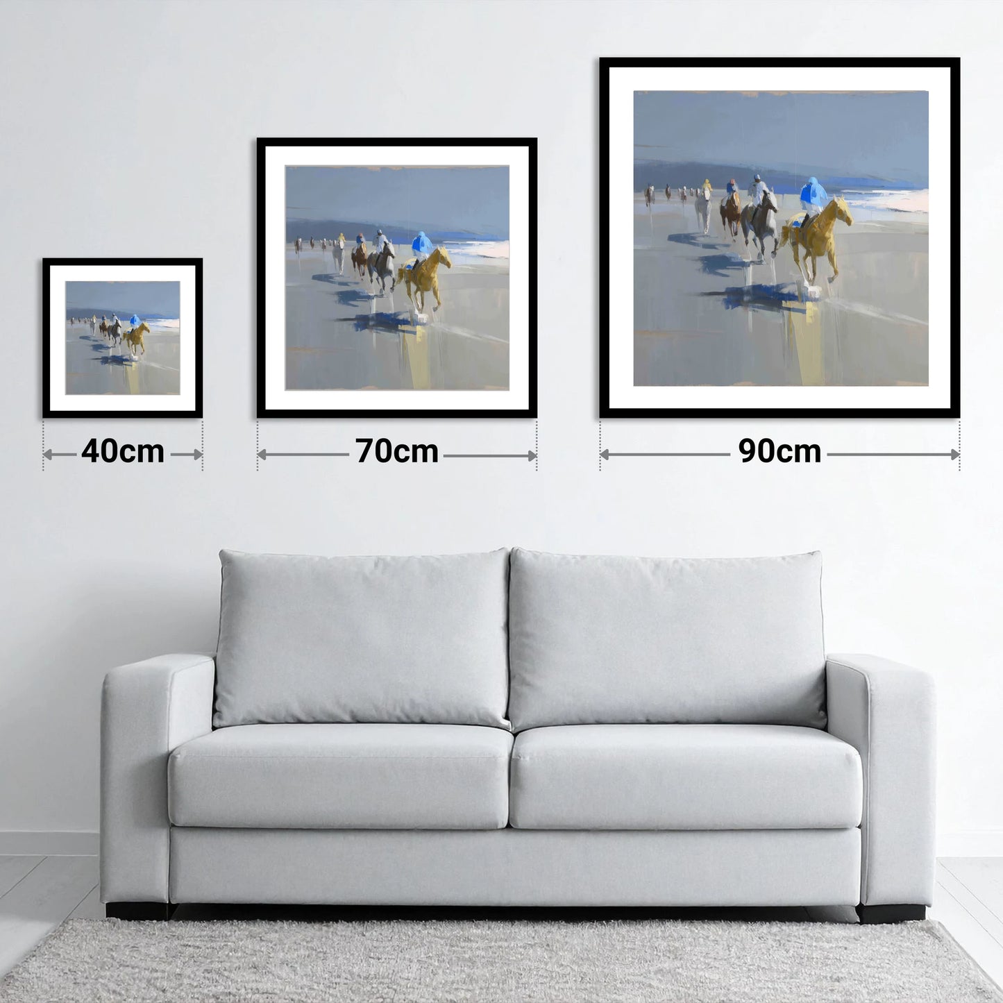Coastal Morning String - size guide showing 40cm, 70cm and 90cm art prints
