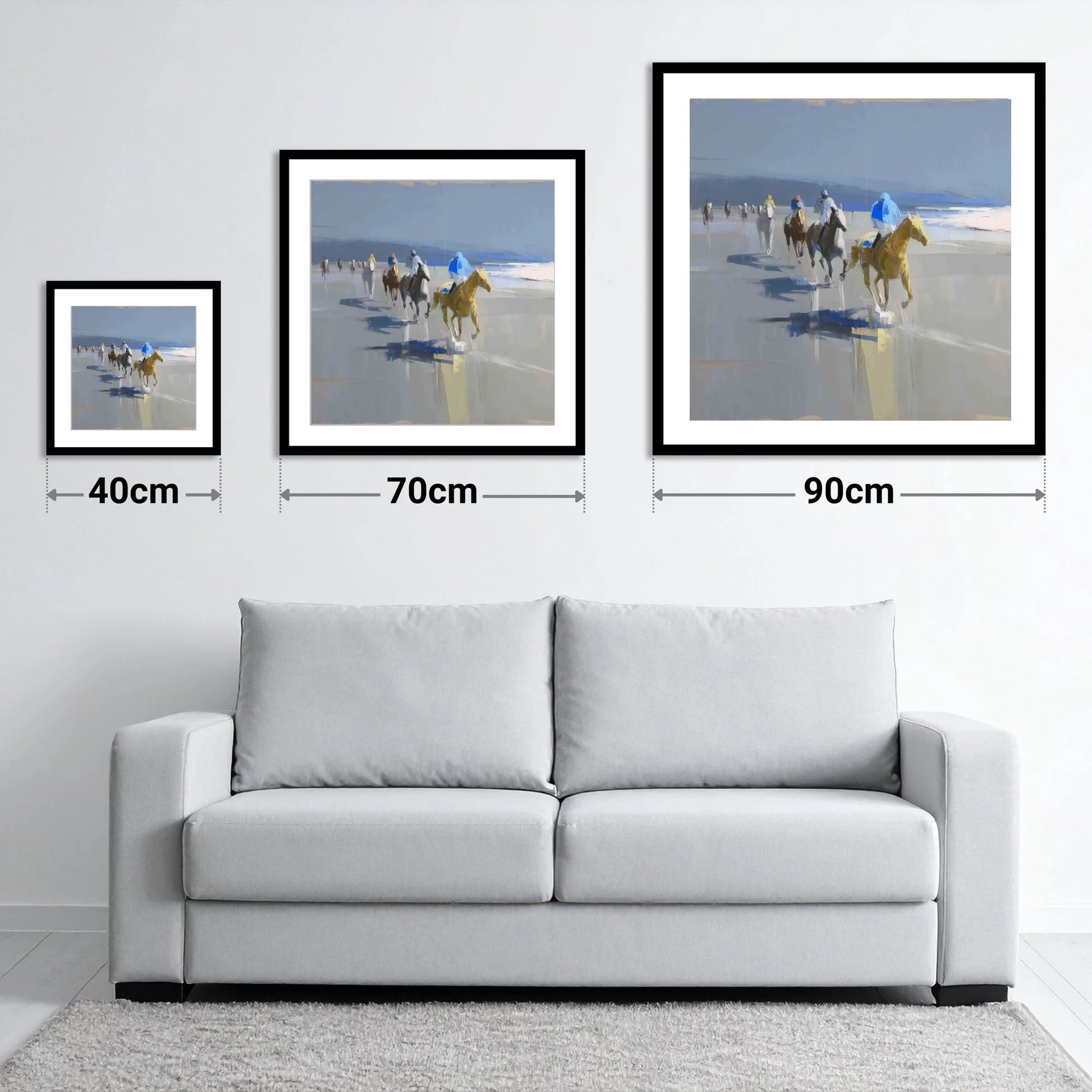 Coastal Morning String - size guide showing 40cm, 70cm and 90cm art prints