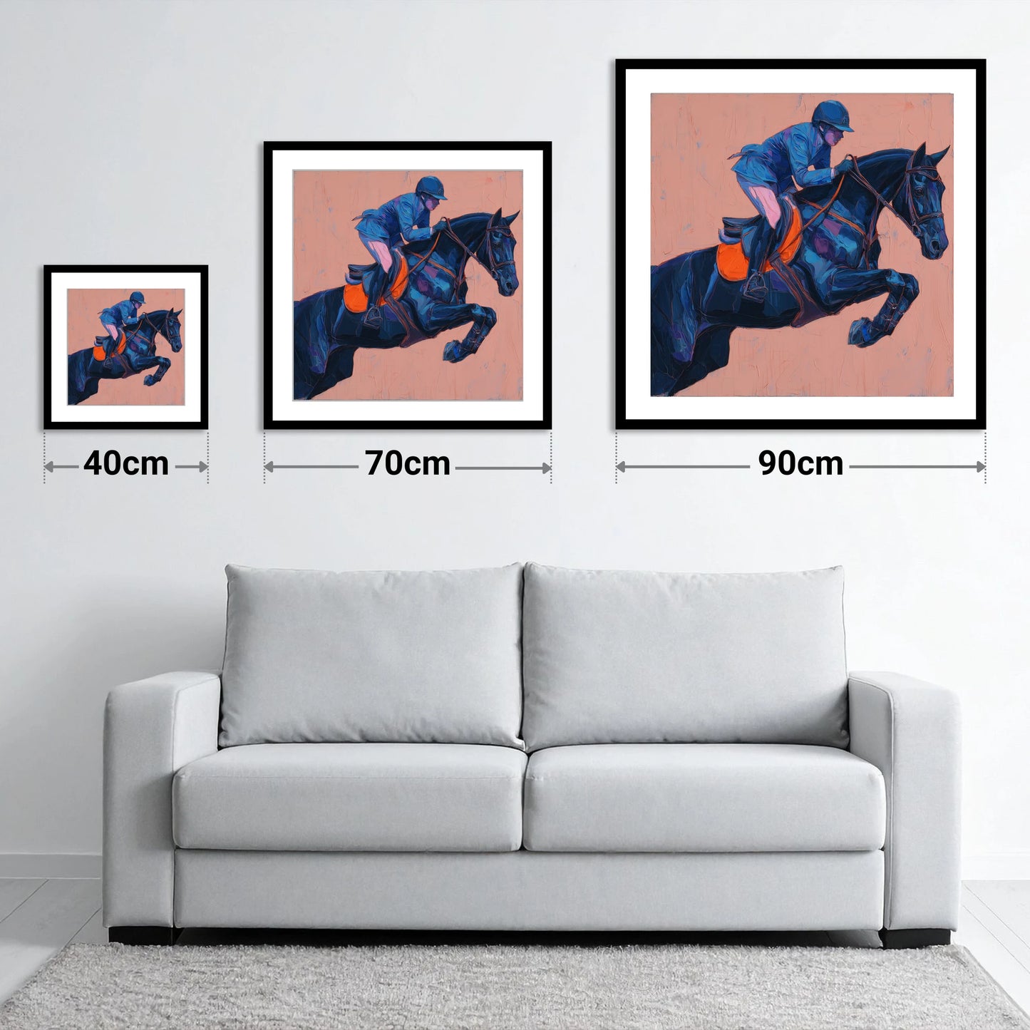 Indigo Ascending - size guide showing 40cm, 70cm and 90cm art prints