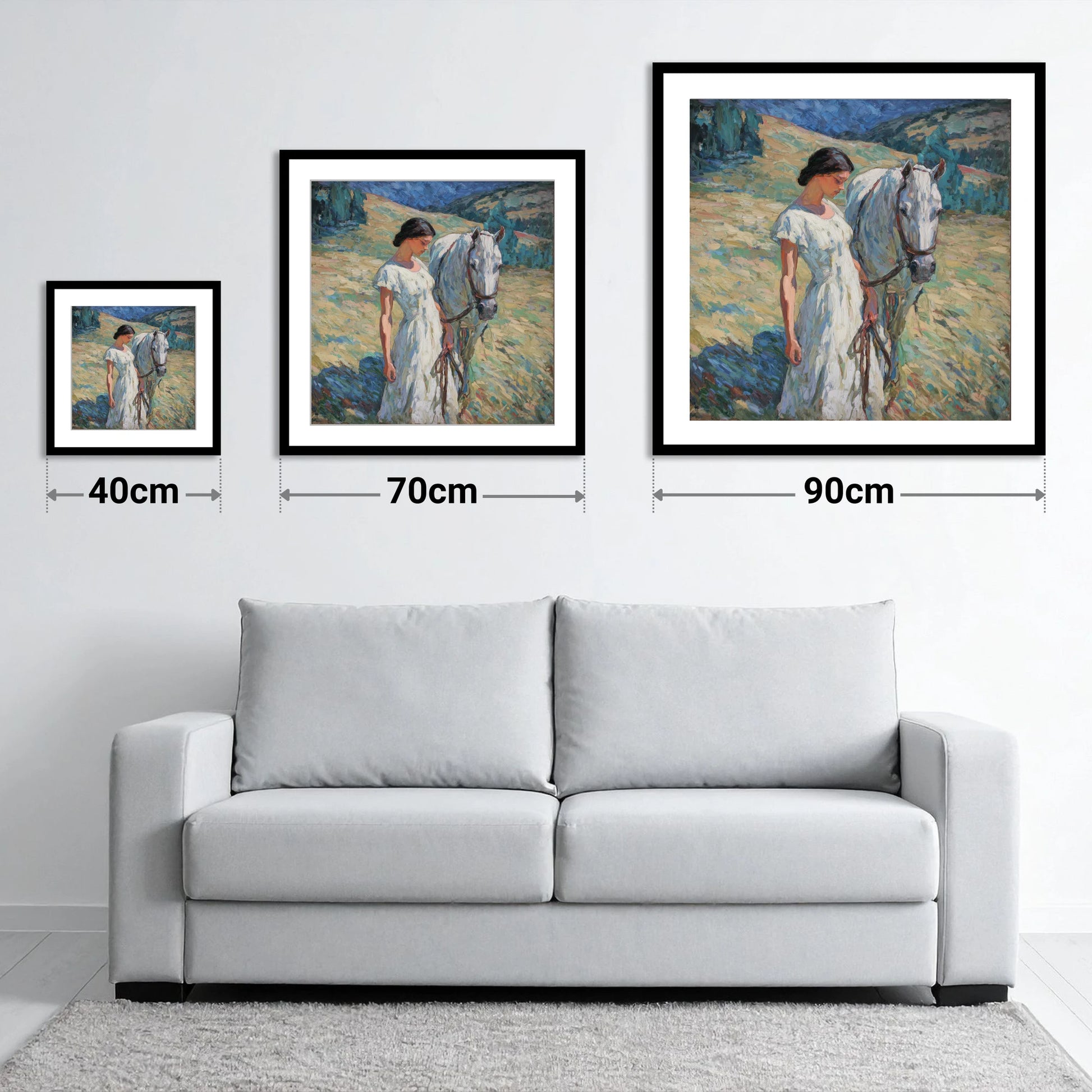 A Quiet Connection - size guide showing 40cm, 70cm and 90cm art prints