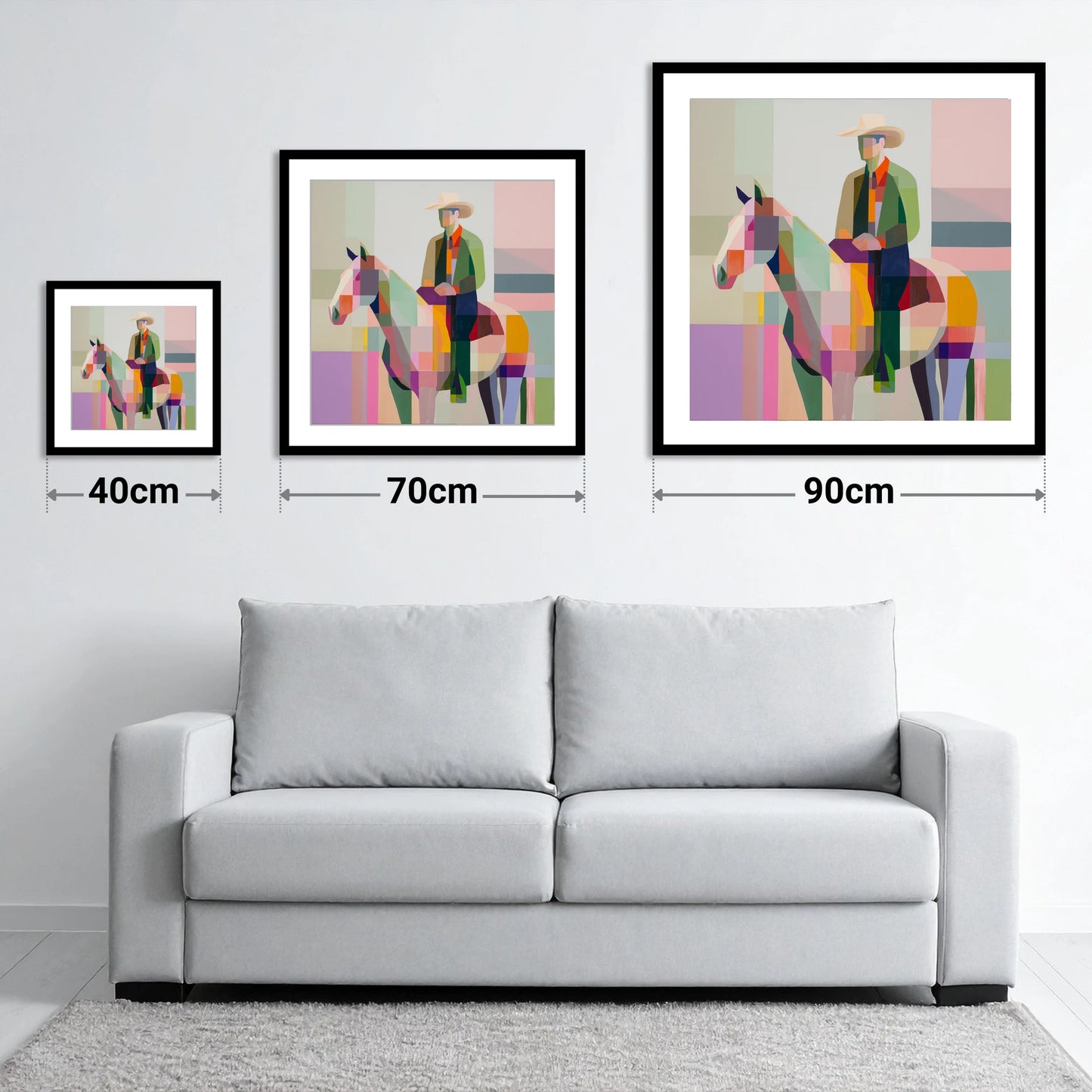 Geometric Western Rider - size guide showing 40cm, 70cm and 90cm art prints