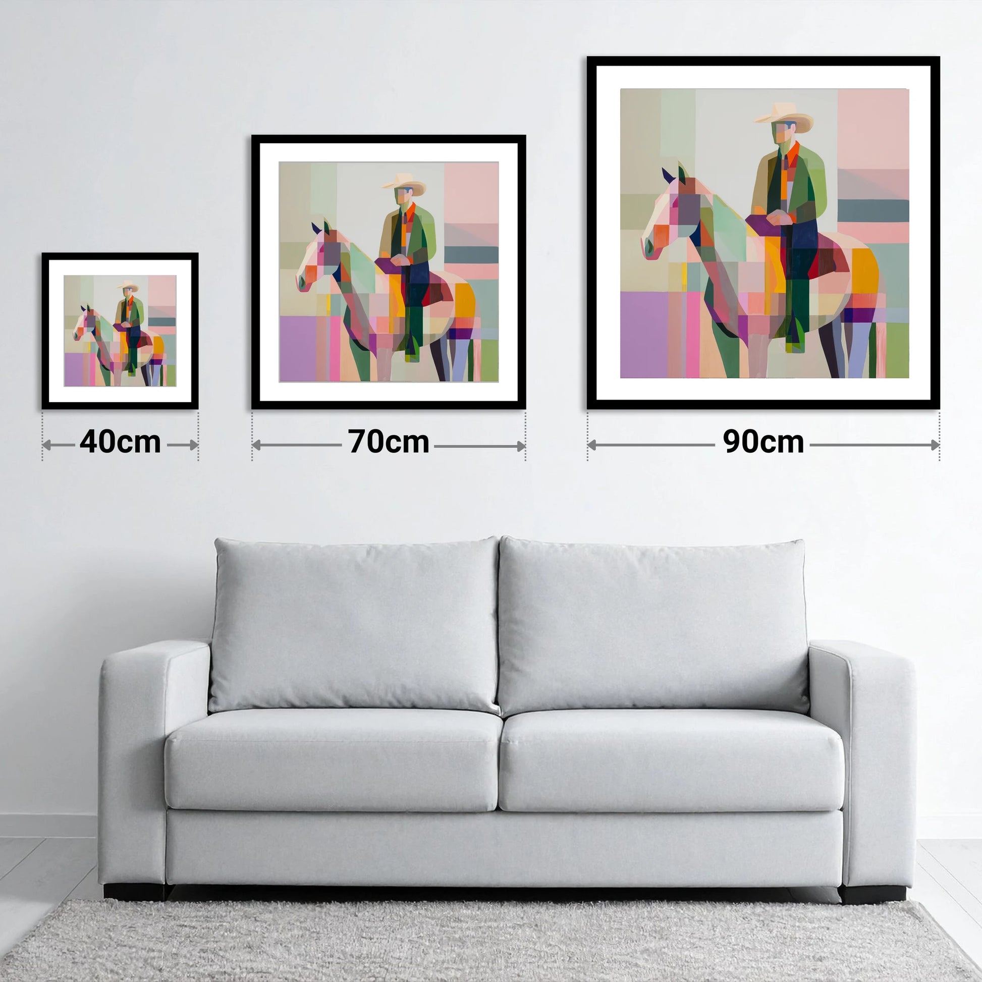 Geometric Western Rider - size guide showing 40cm, 70cm and 90cm art prints