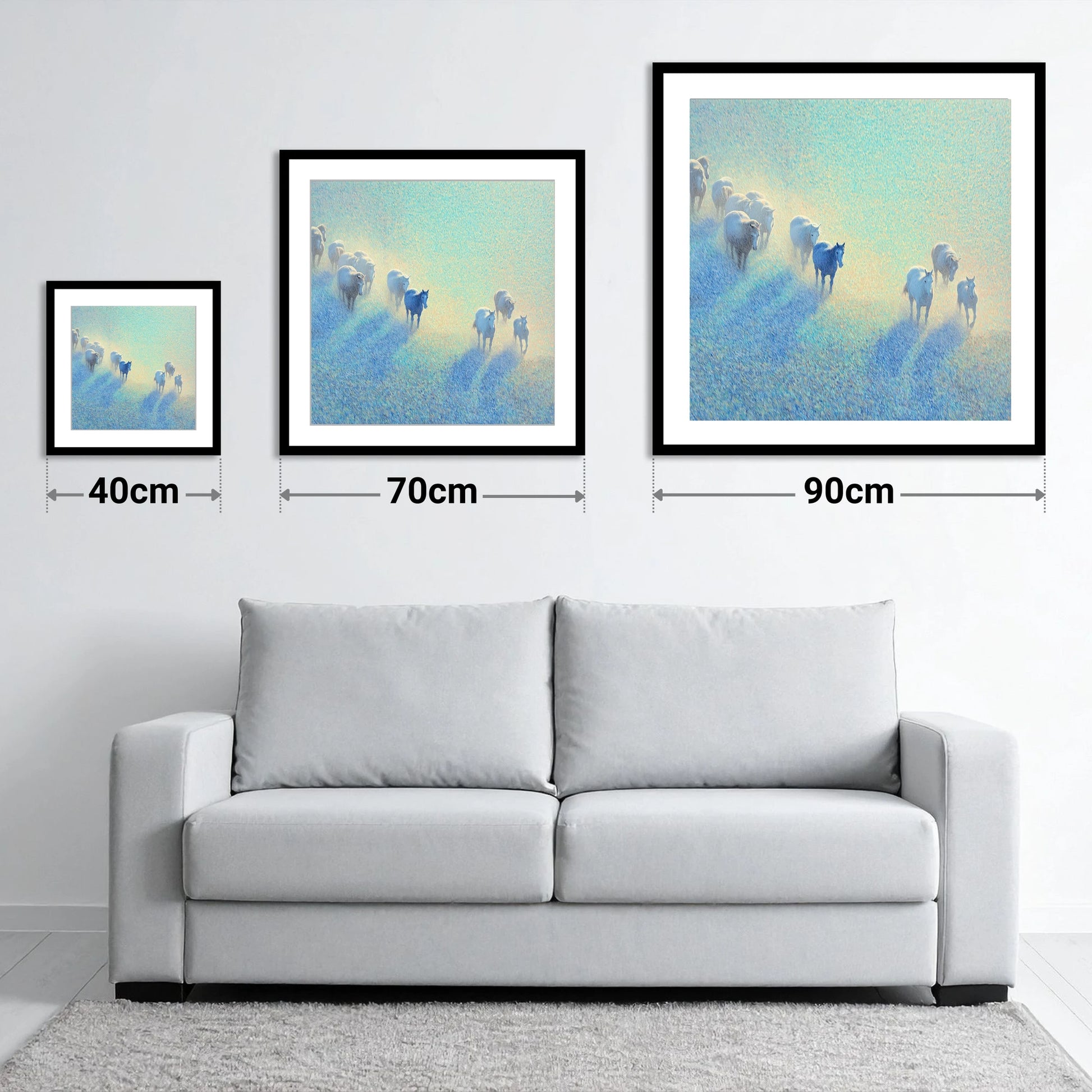 Ethereal Morning Herd - size guide showing 40cm, 70cm and 90cm art prints