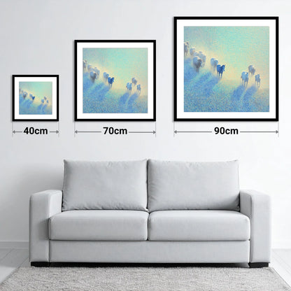 Ethereal Morning Herd - size guide showing 40cm, 70cm and 90cm art prints