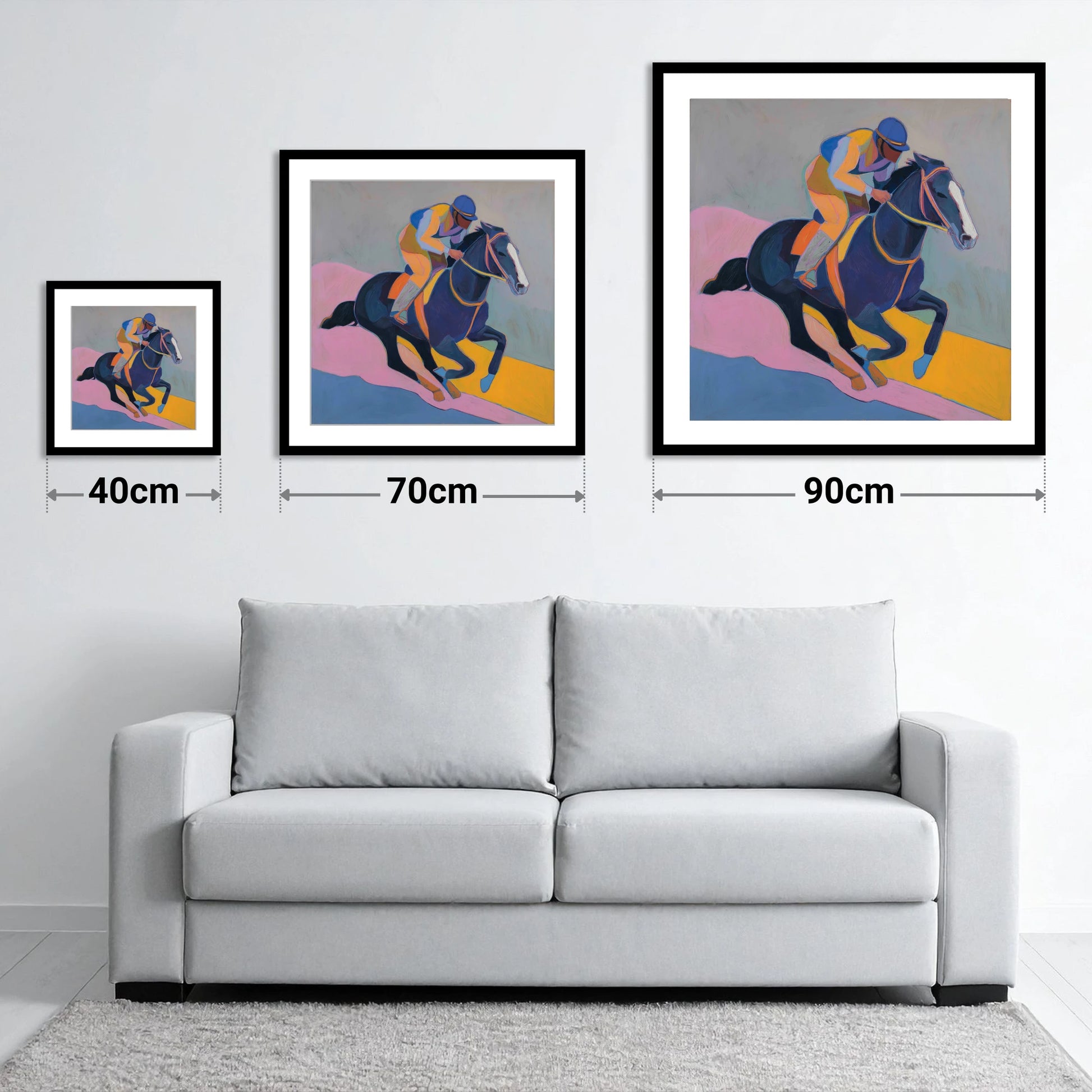 Colour of the Chase - size guide showing 40cm, 70cm and 90cm art prints