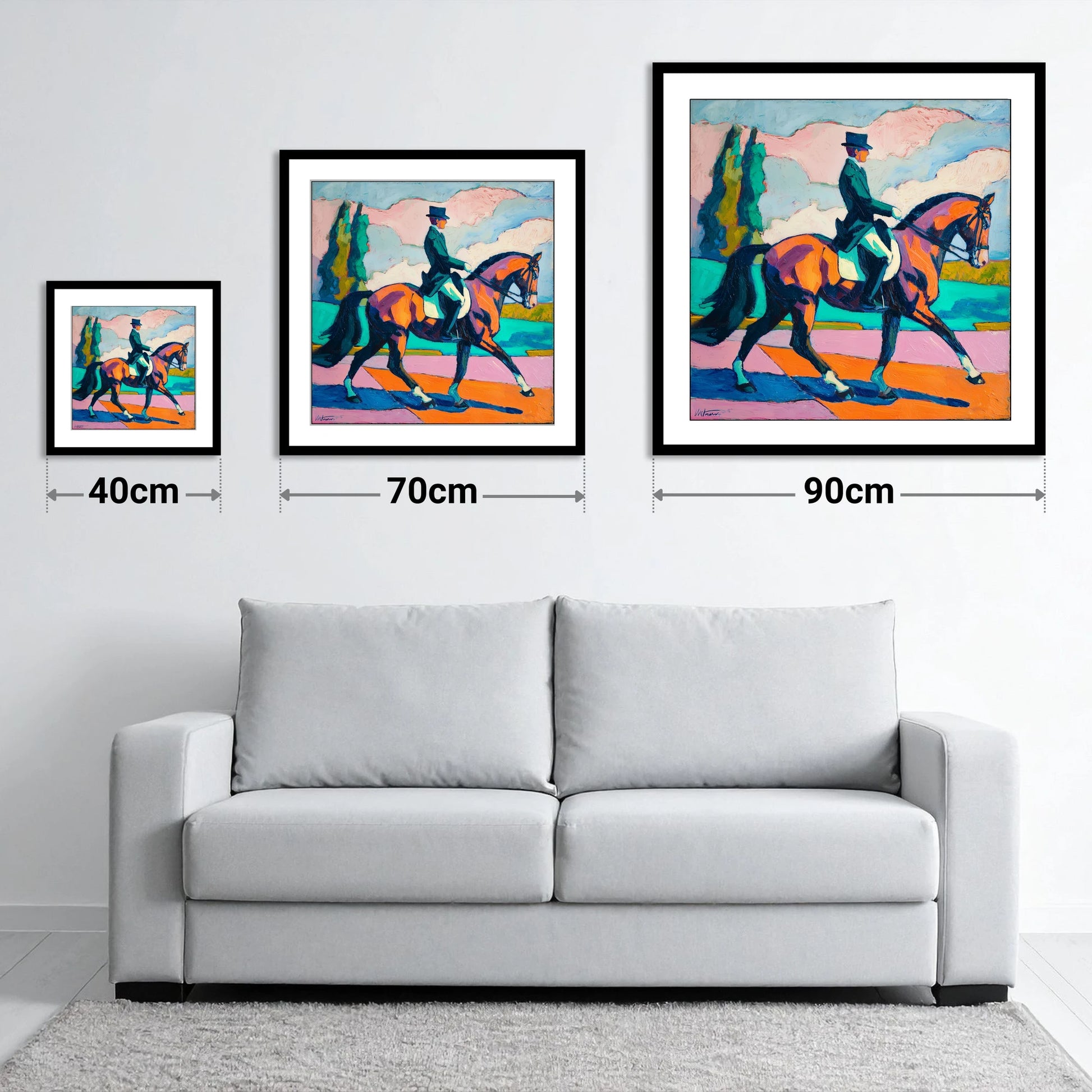 Vibrant Dressage Rhythm - size guide showing 40cm, 70cm and 90cm art prints