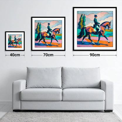 Vibrant Dressage Rhythm - size guide showing 40cm, 70cm and 90cm art prints
