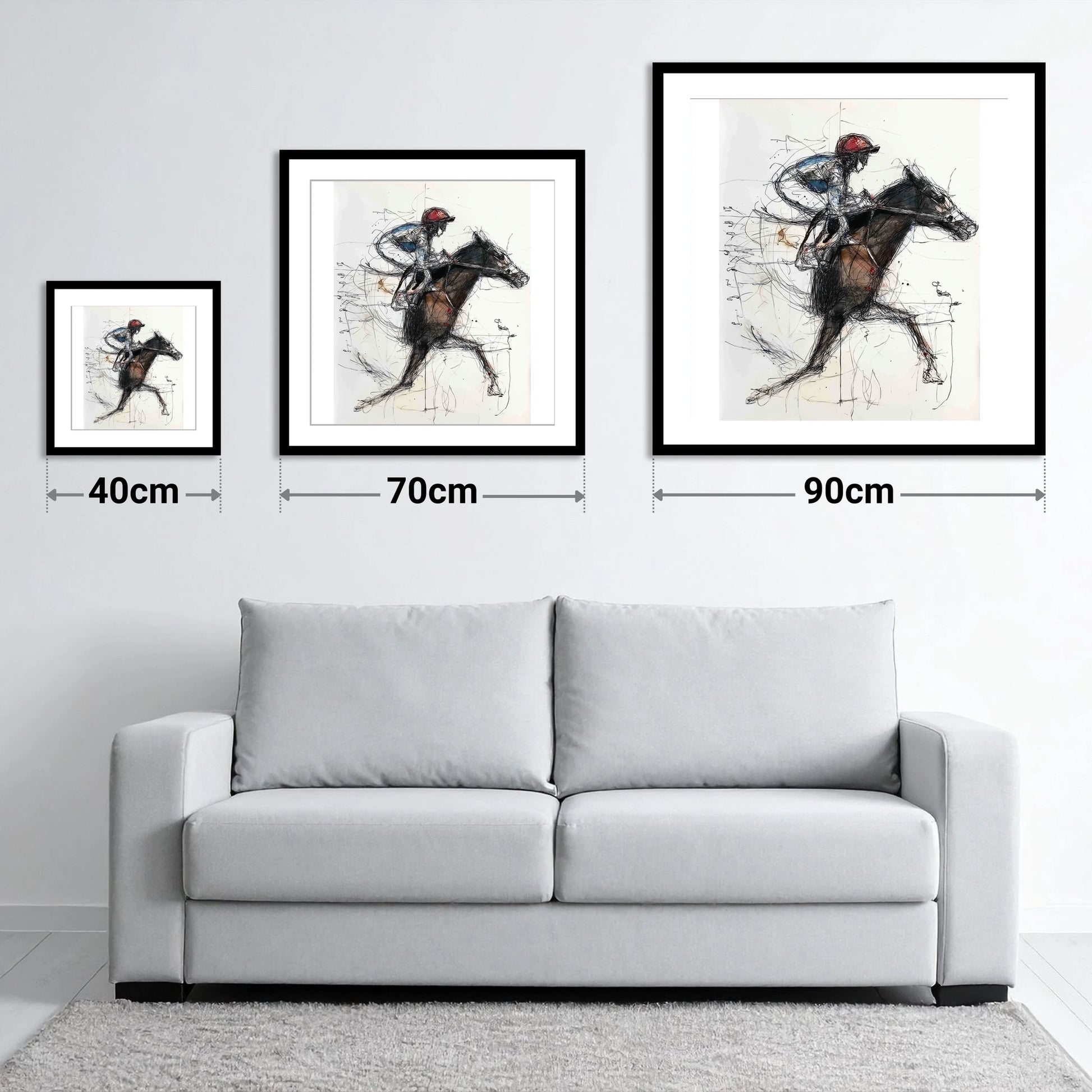 At Full Stretch - size guide showing 40cm, 70cm and 90cm art prints