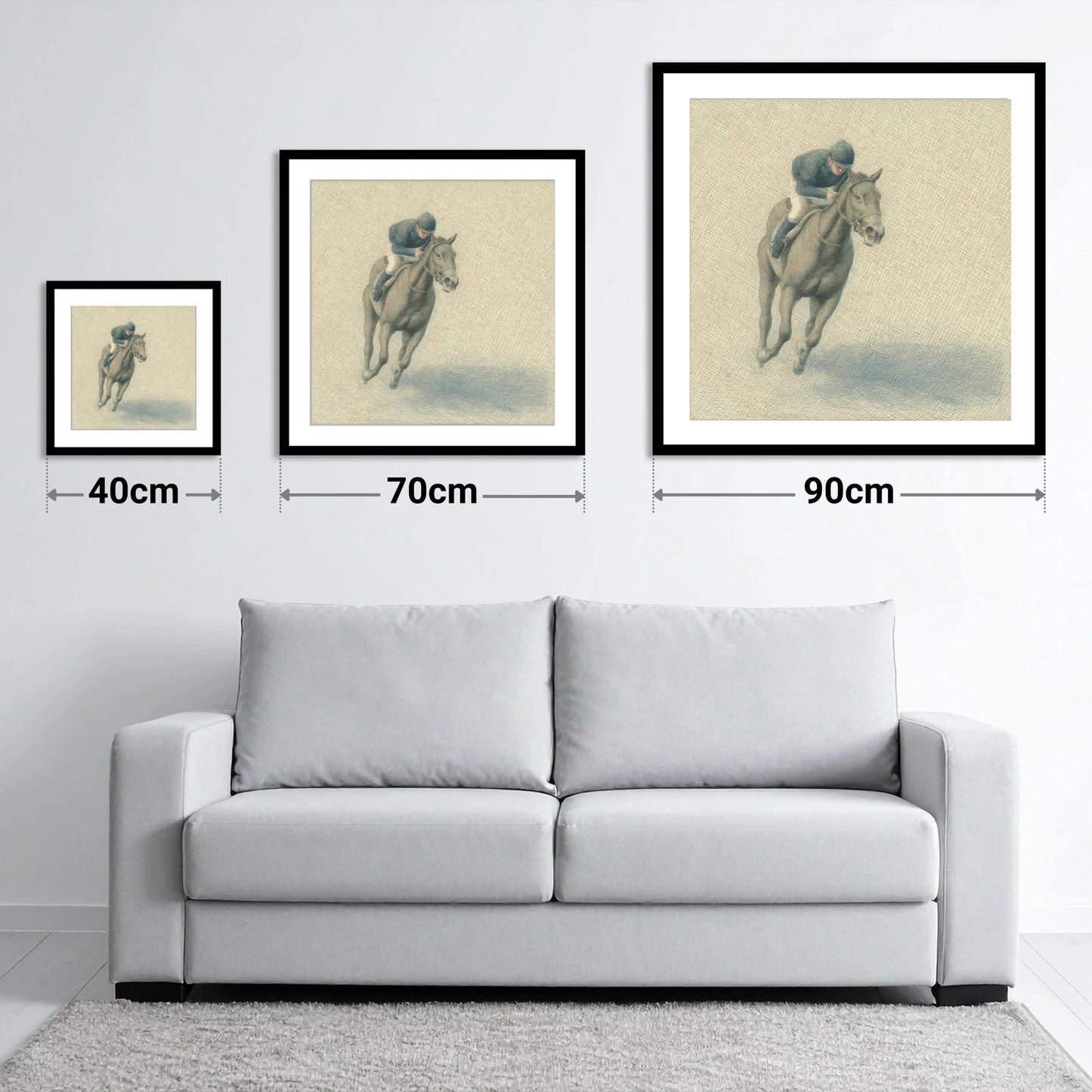Steady Stride - size guide showing 40cm, 70cm and 90cm art prints