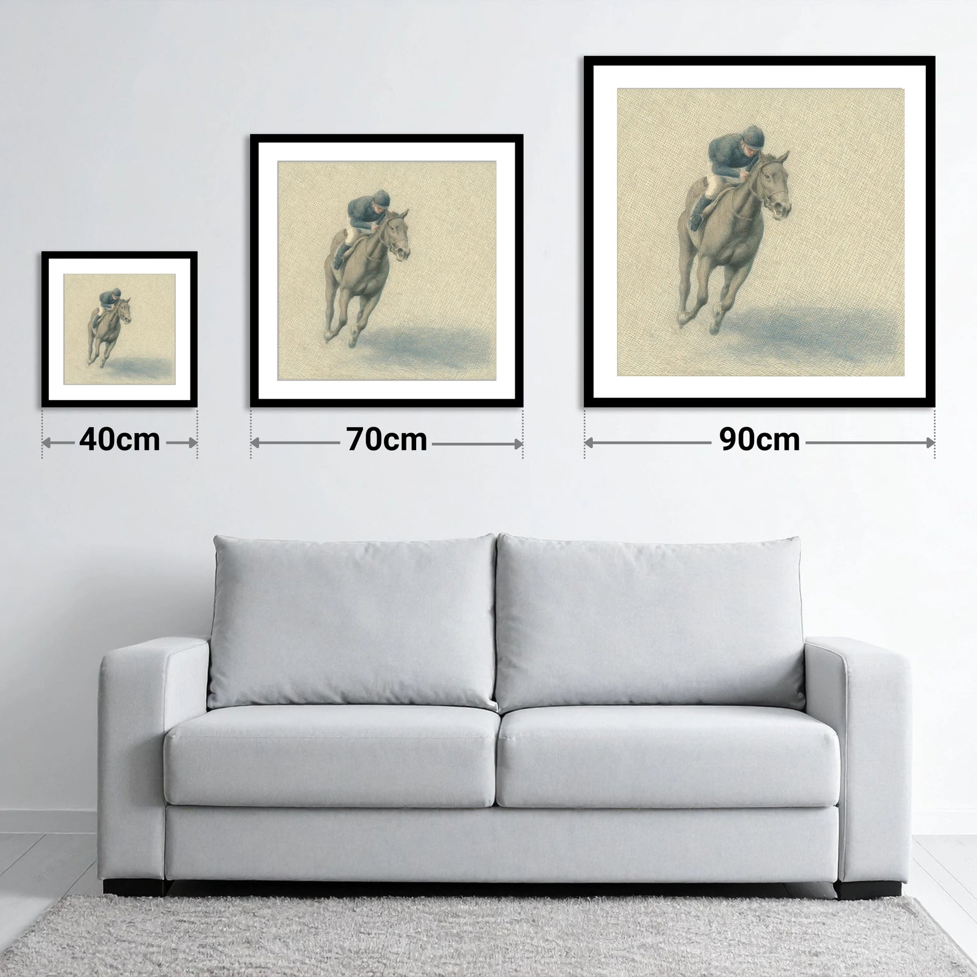 Steady Stride - size guide showing 40cm, 70cm and 90cm art prints