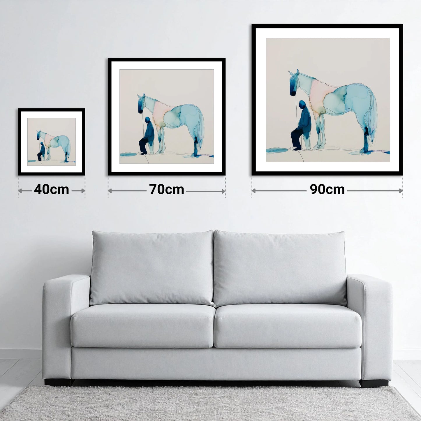 Fluid Companionship - size guide showing 40cm, 70cm and 90cm art prints
