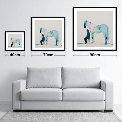 Fluid Companionship - size guide showing 40cm, 70cm and 90cm art prints