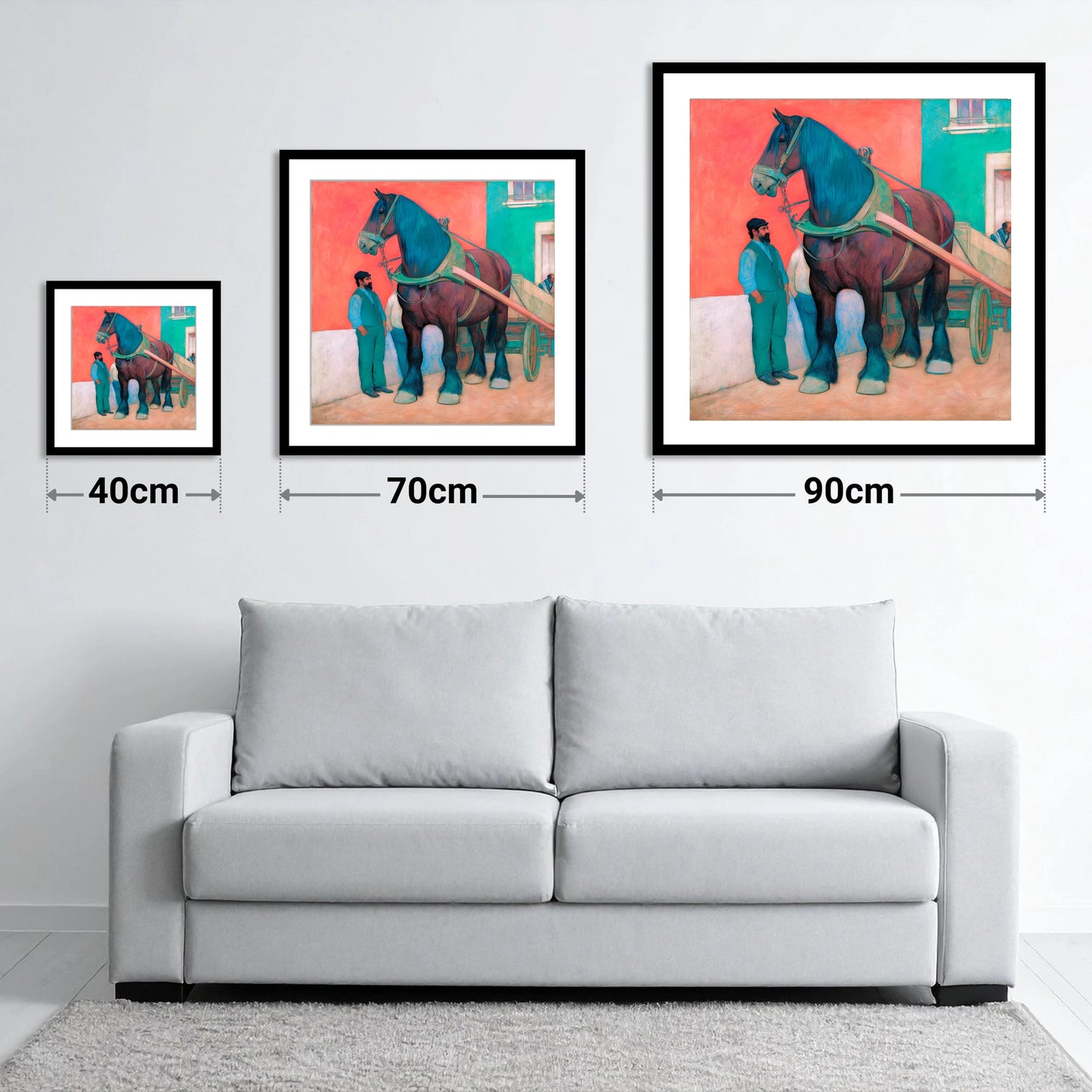Strength and Stillness - size guide showing 40cm, 70cm and 90cm art prints