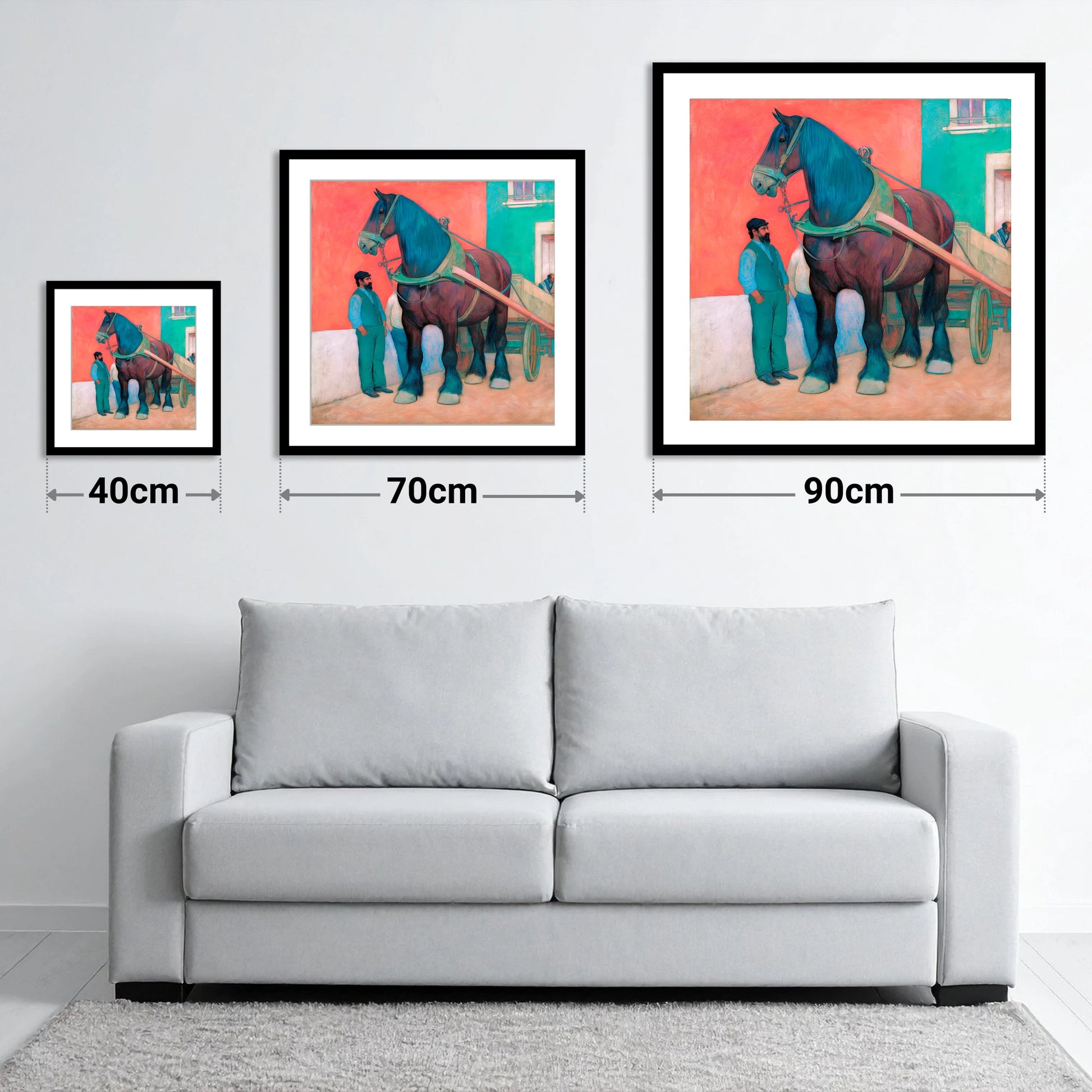 Strength and Stillness - size guide showing 40cm, 70cm and 90cm art prints