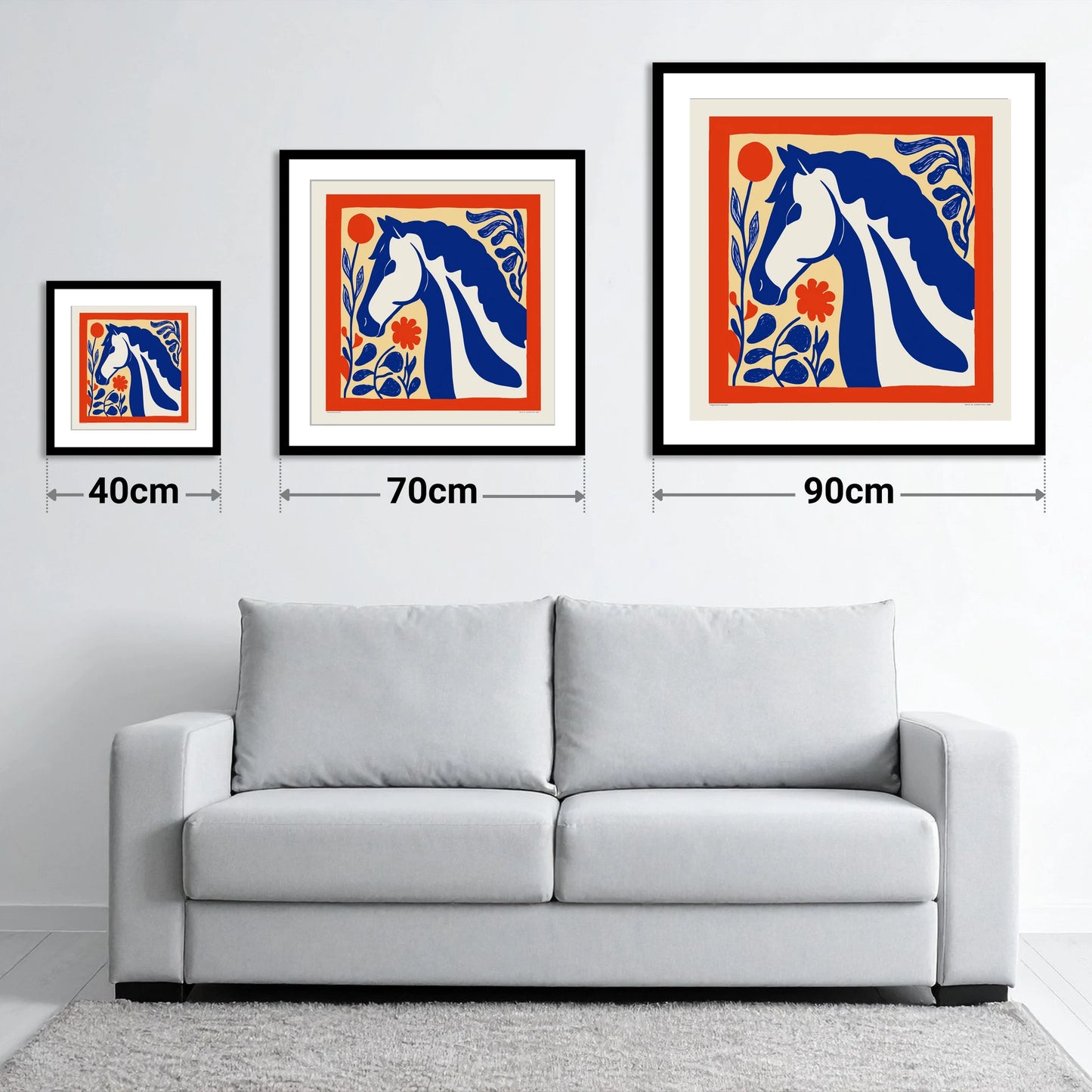 Cobalt Botanical Equine - size guide showing 40cm, 70cm and 90cm art prints