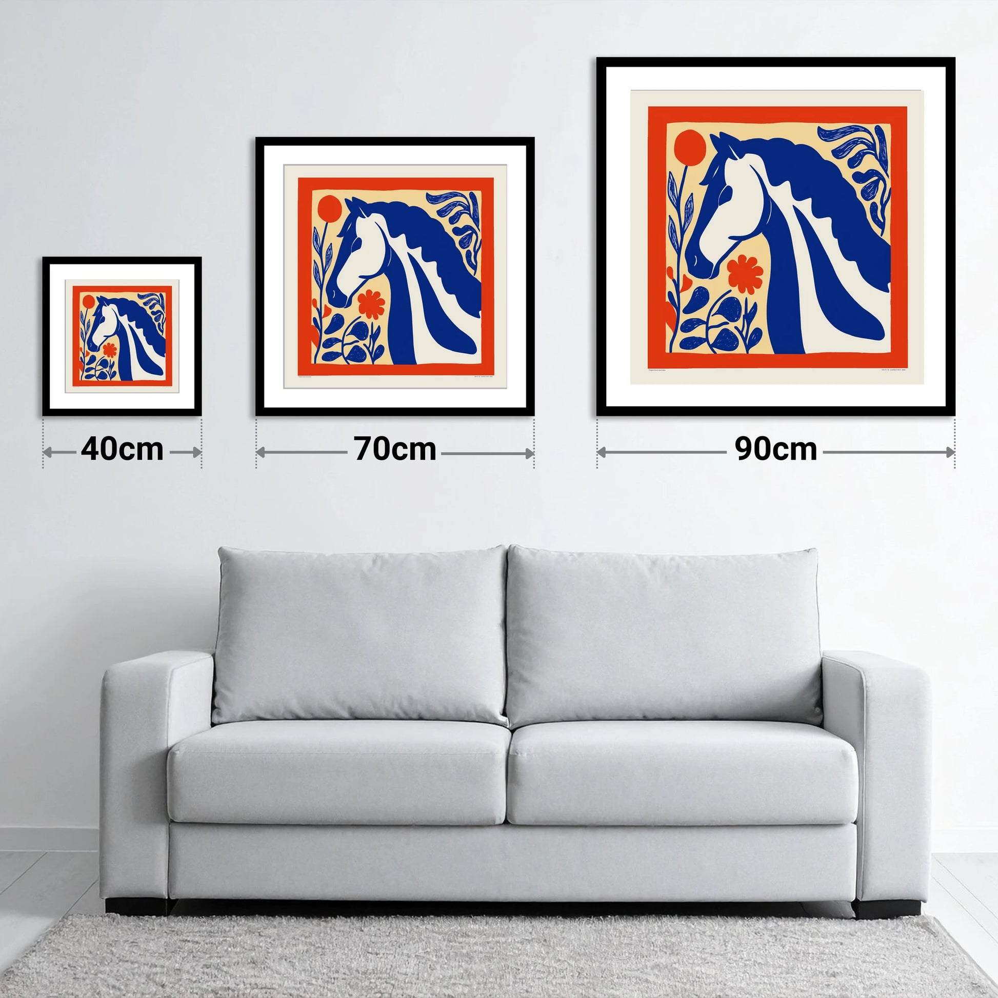 Cobalt Botanical Equine - size guide showing 40cm, 70cm and 90cm art prints