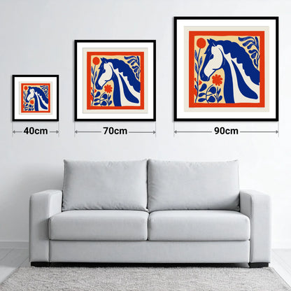 Cobalt Botanical Equine - size guide showing 40cm, 70cm and 90cm art prints