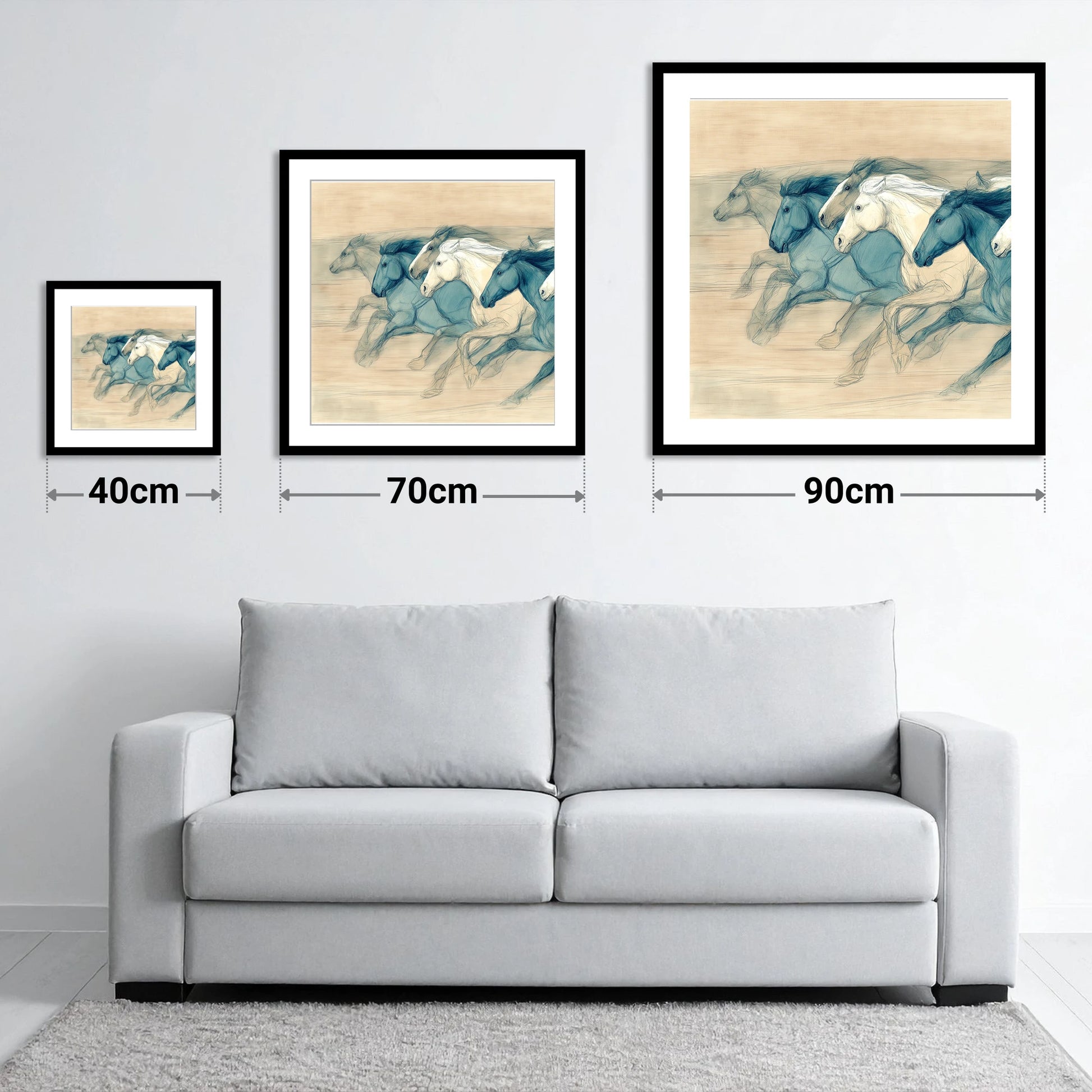 Rhythm of the Herd - size guide showing 40cm, 70cm and 90cm art prints