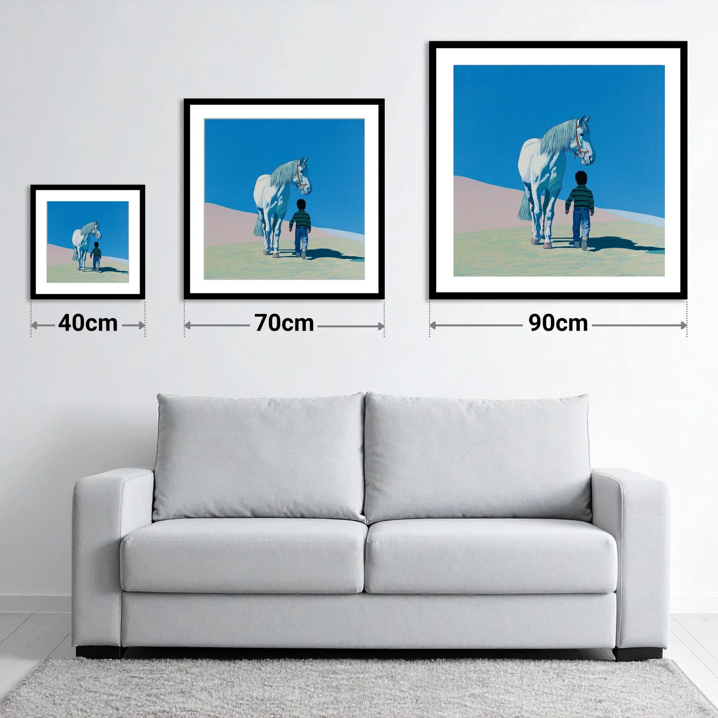 The Quiet Companion - size guide showing 40cm, 70cm and 90cm art prints