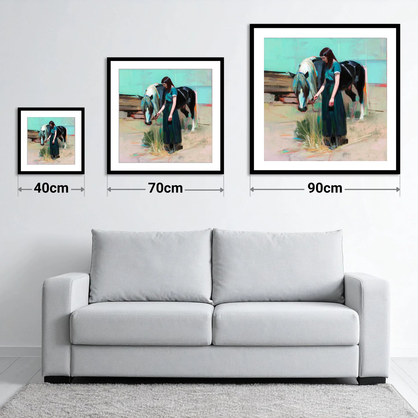 Stillness in Teal - size guide showing 40cm, 70cm and 90cm art prints