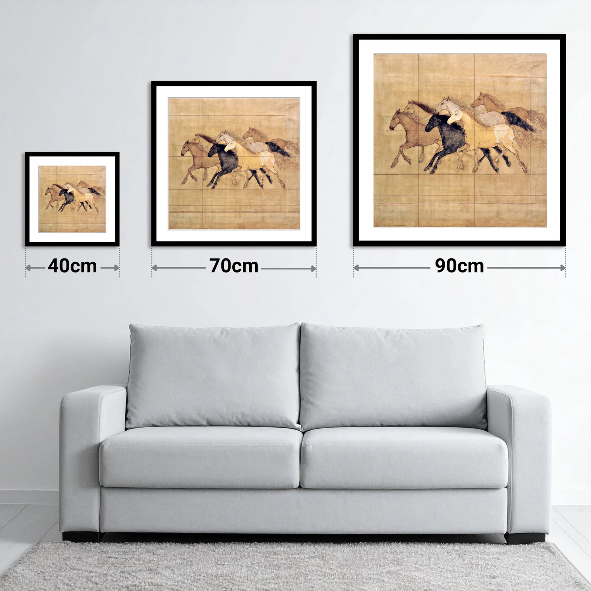 Classical Herd Study - size guide showing 40cm, 70cm and 90cm art prints