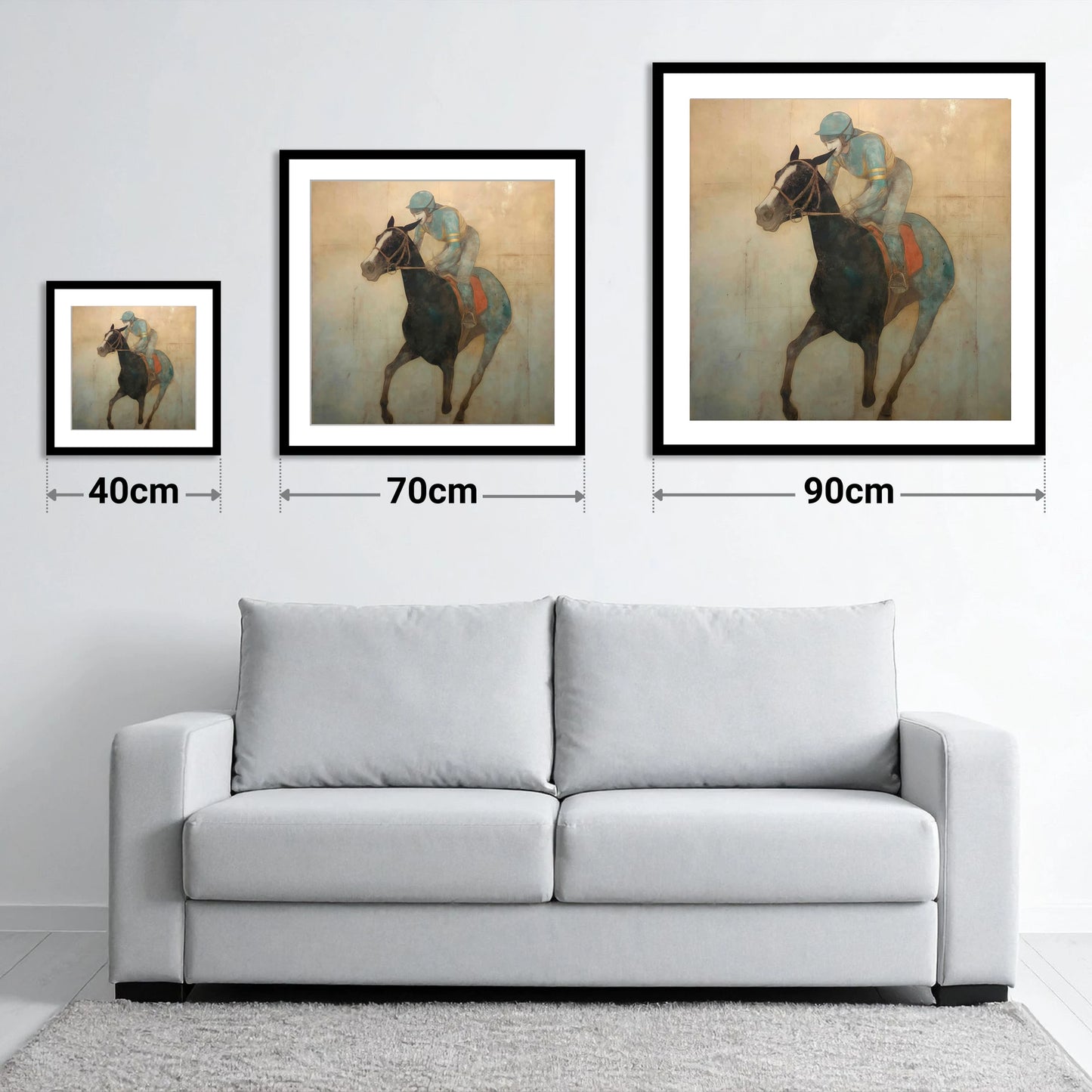 Teal Silk Canter - size guide showing 40cm, 70cm and 90cm art prints