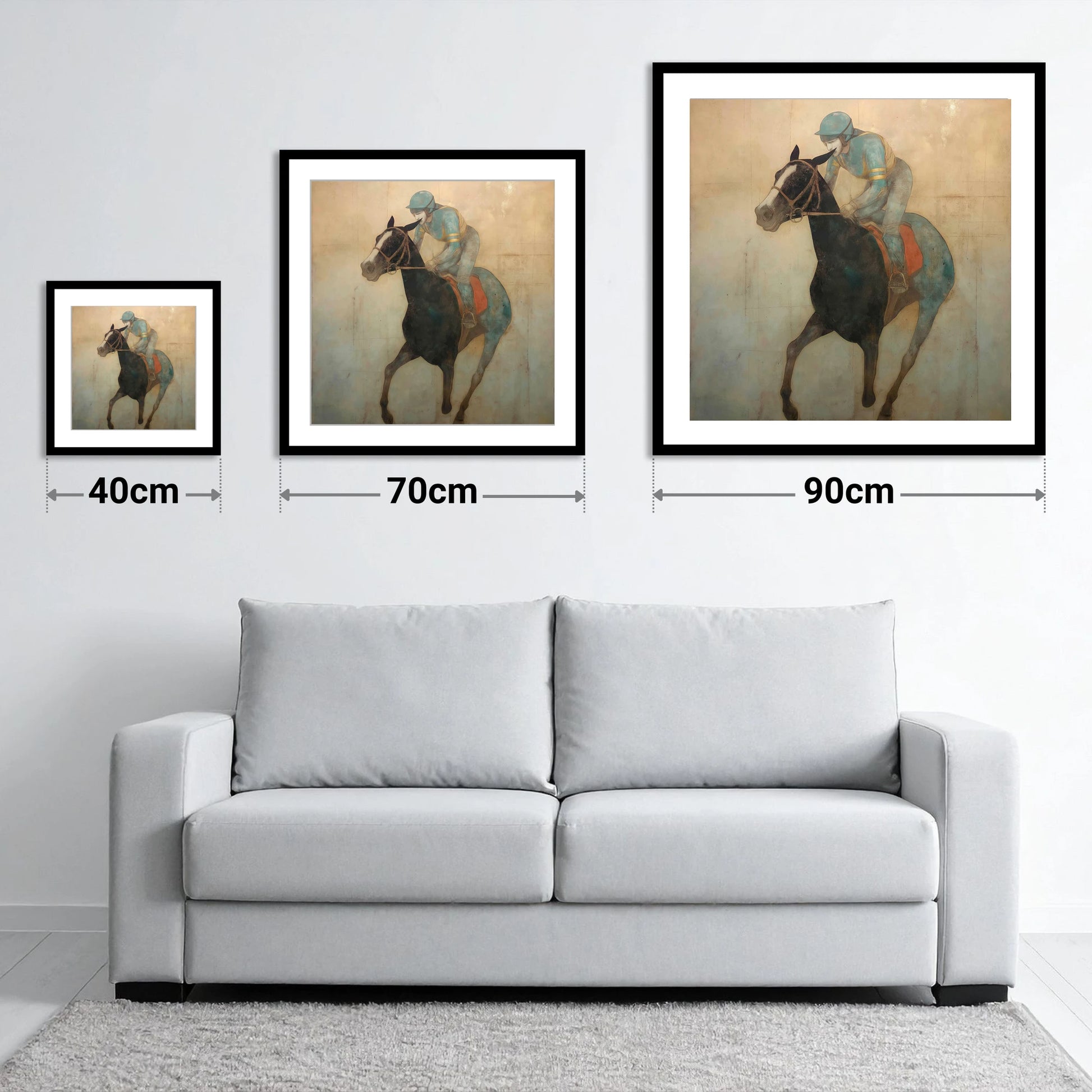 Teal Silk Canter - size guide showing 40cm, 70cm and 90cm art prints