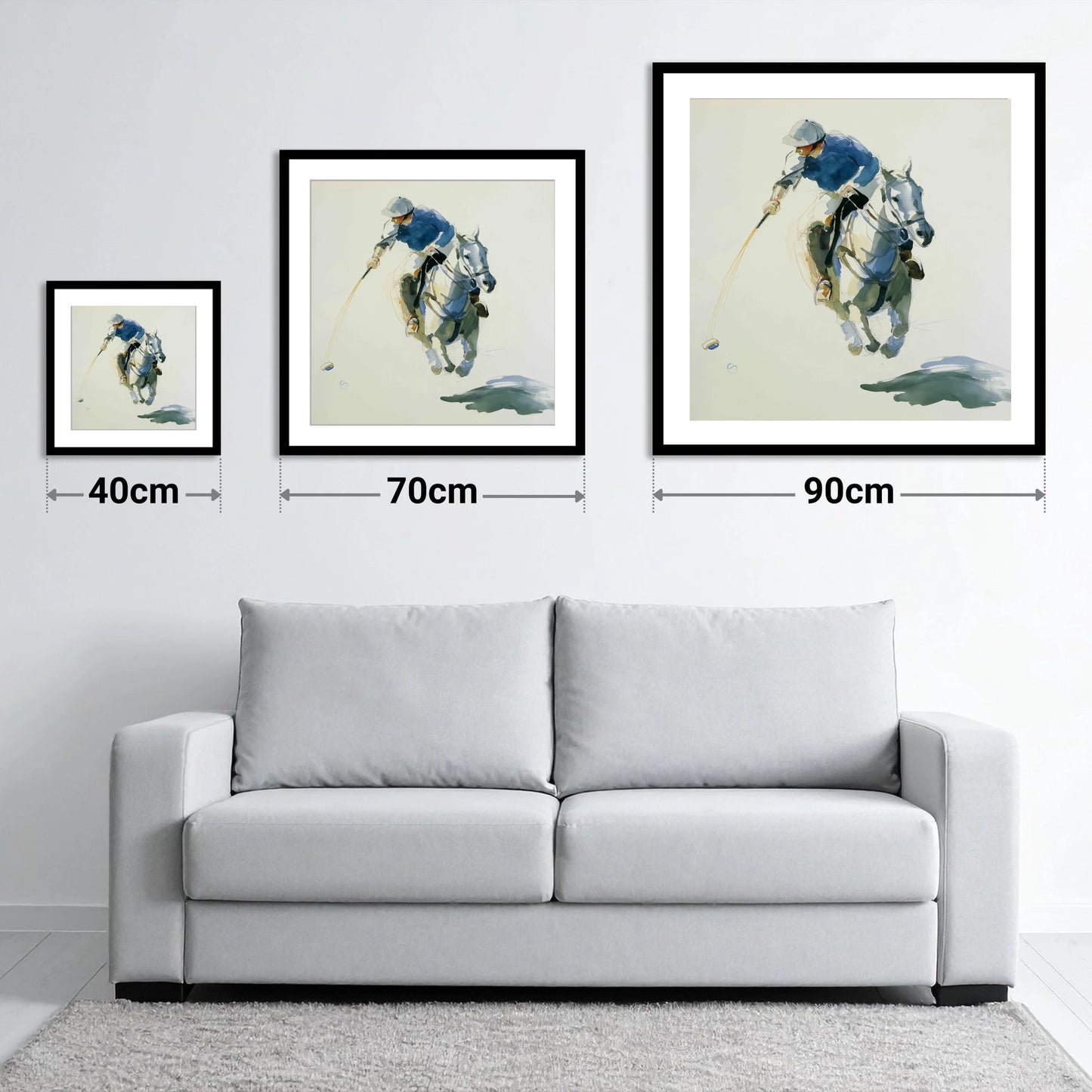 The Decisive Downward Swing - size guide showing 40cm, 70cm and 90cm art prints