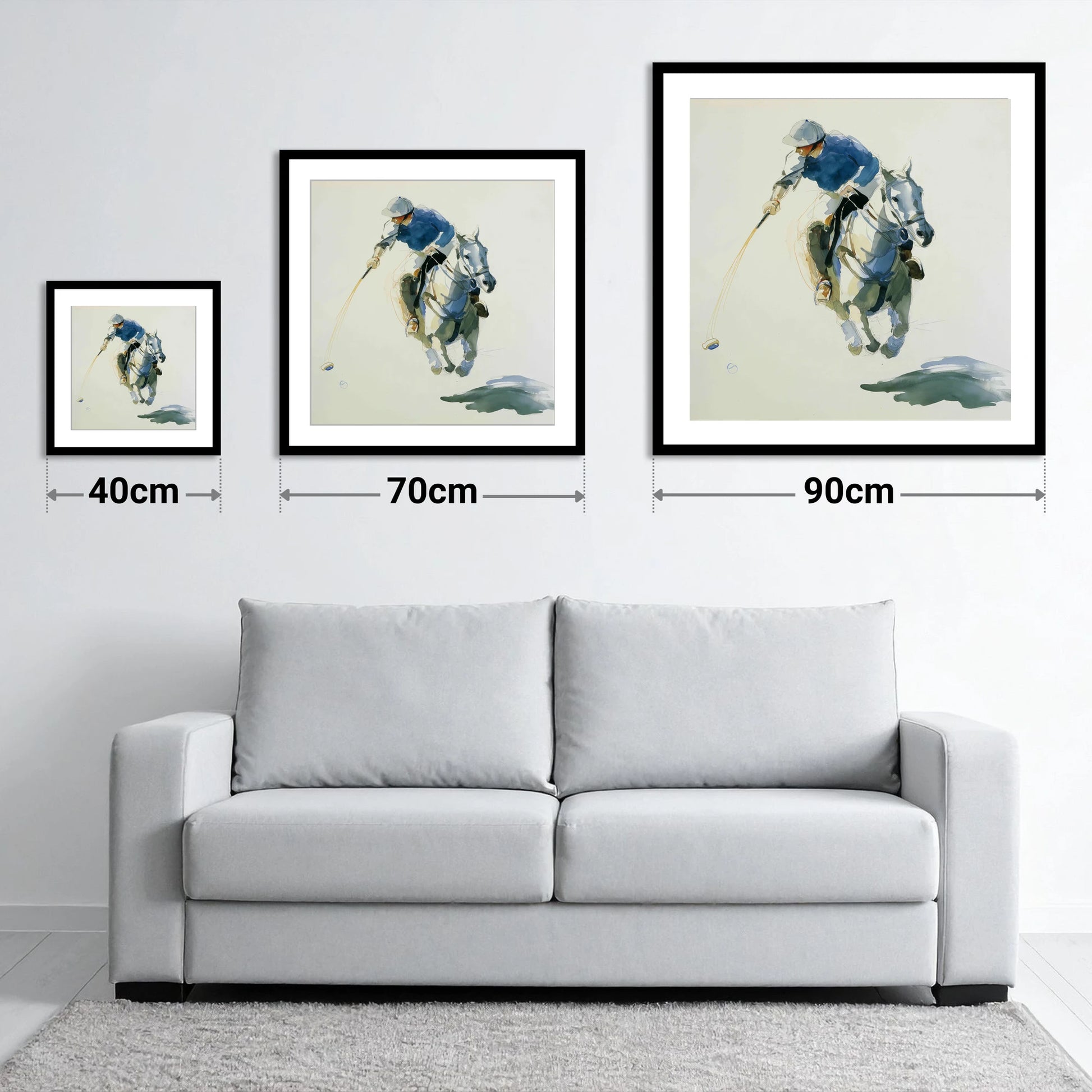 The Decisive Downward Swing - size guide showing 40cm, 70cm and 90cm art prints