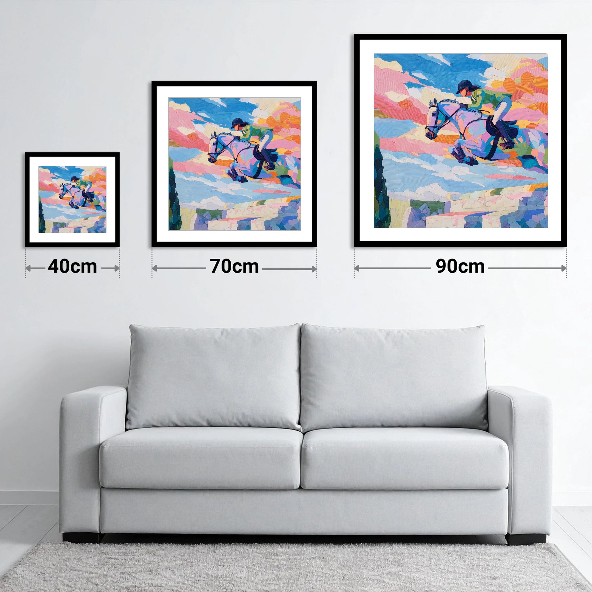 Technicolour Flight - size guide showing 40cm, 70cm and 90cm art prints