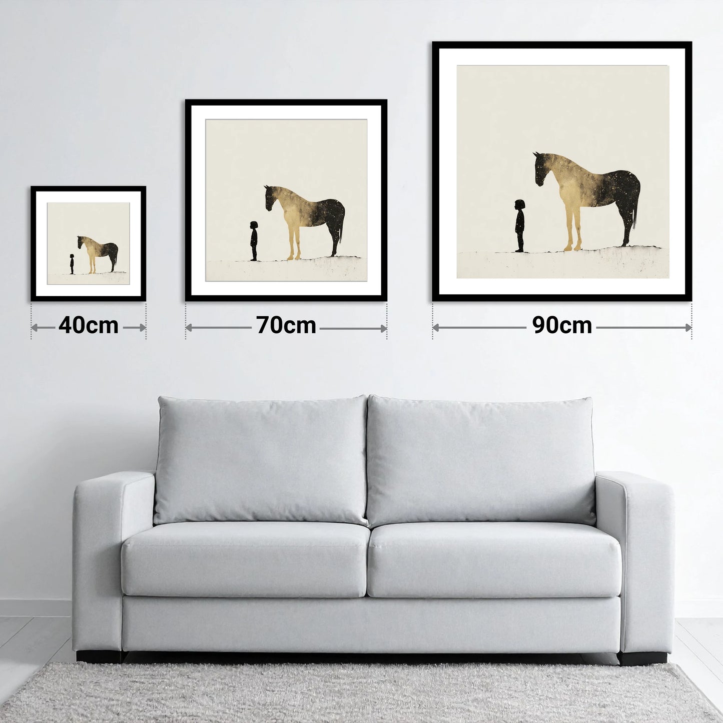 Celestial Bond - size guide showing 40cm, 70cm and 90cm art prints
