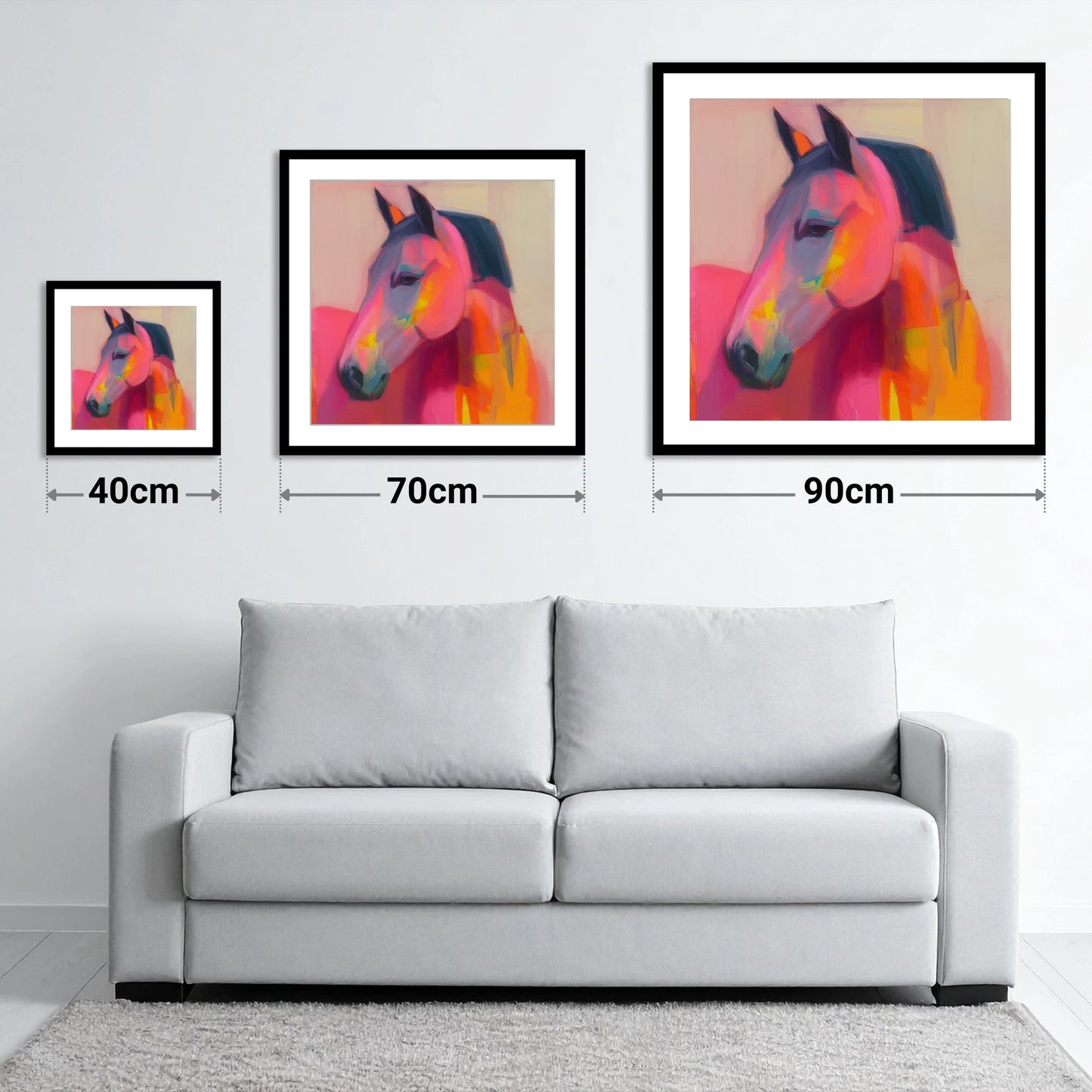 Painted Passion - size guide showing 40cm, 70cm and 90cm art prints
