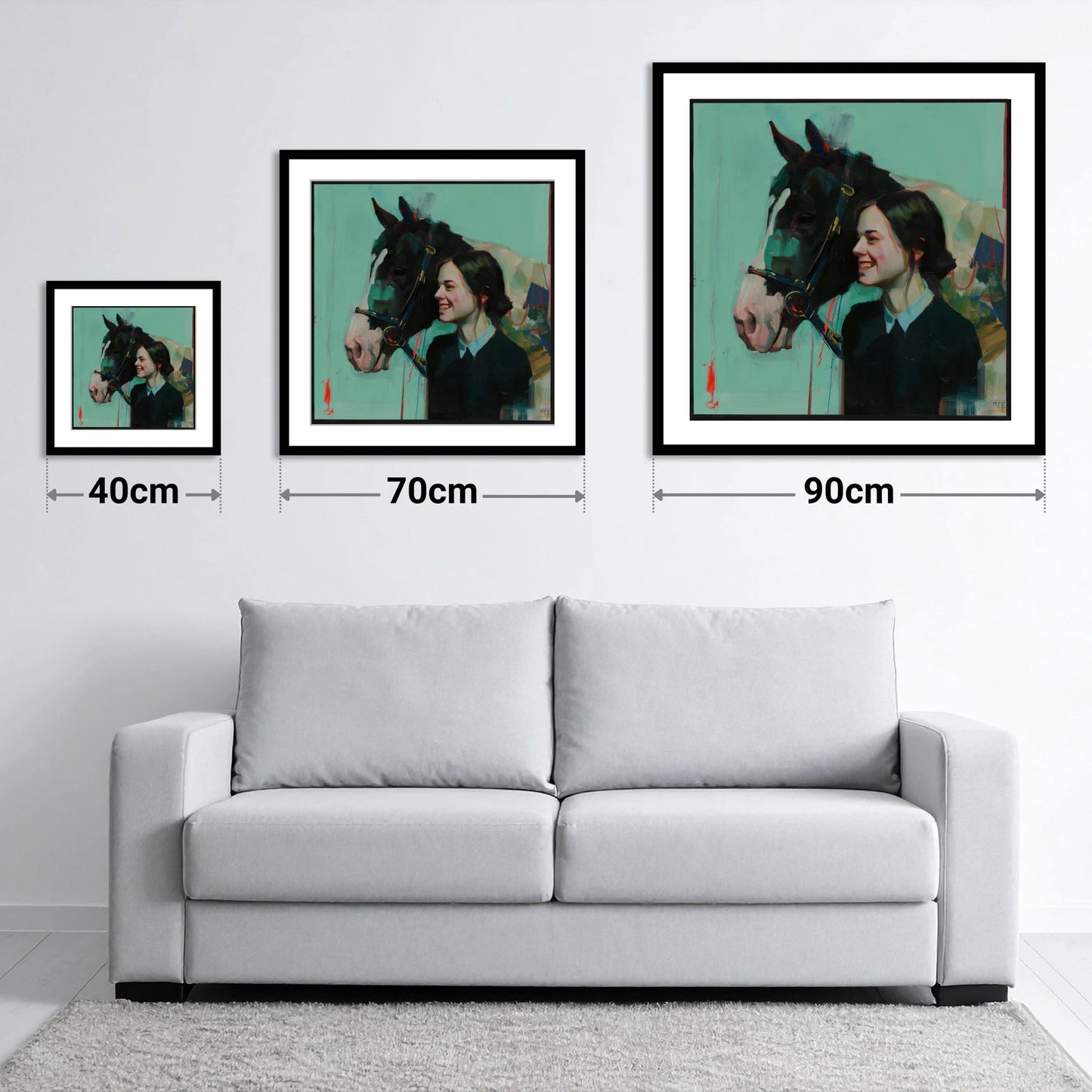 A Shared Understanding - size guide showing 40cm, 70cm and 90cm art prints