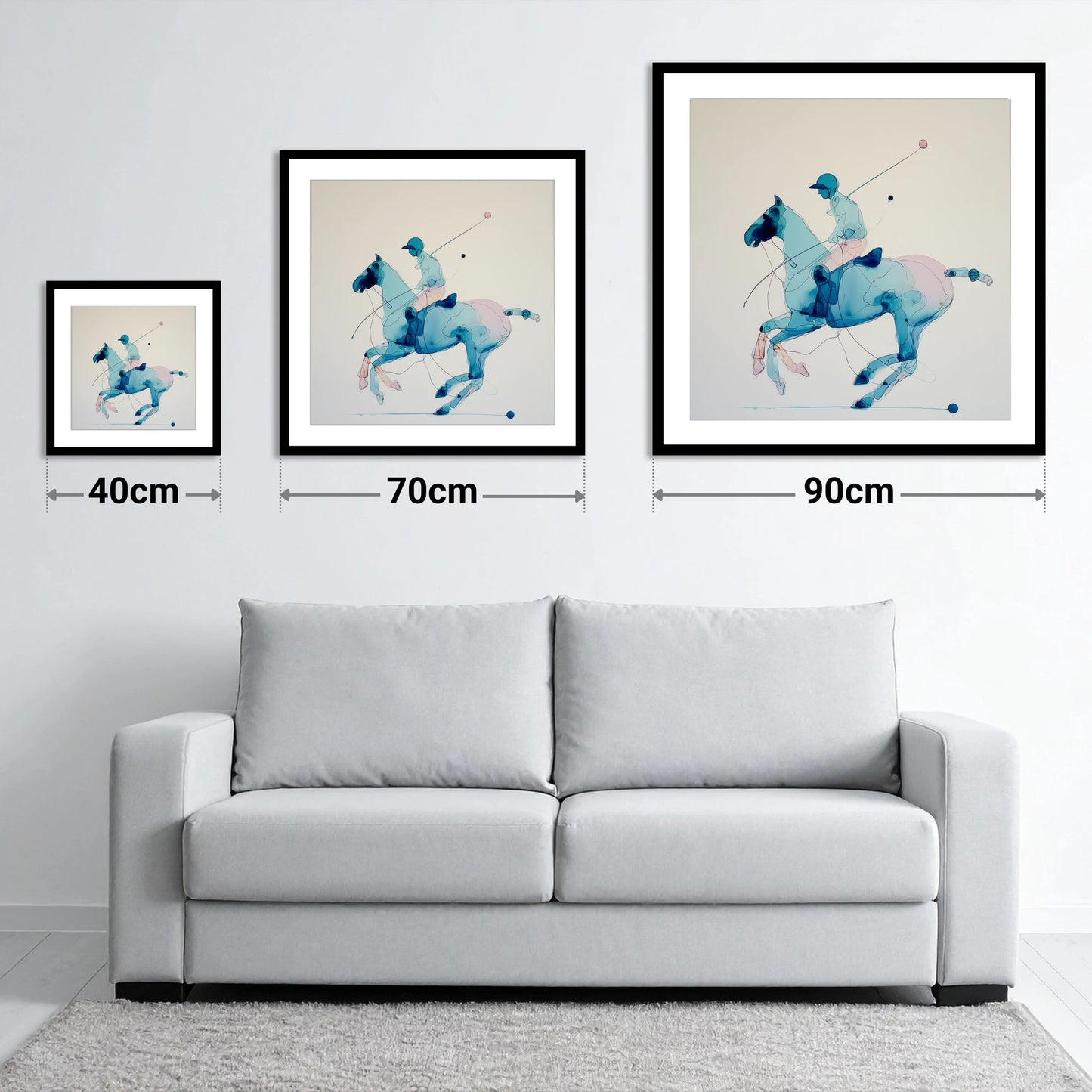 Azure Polo Gallop - size guide showing 40cm, 70cm and 90cm art prints
