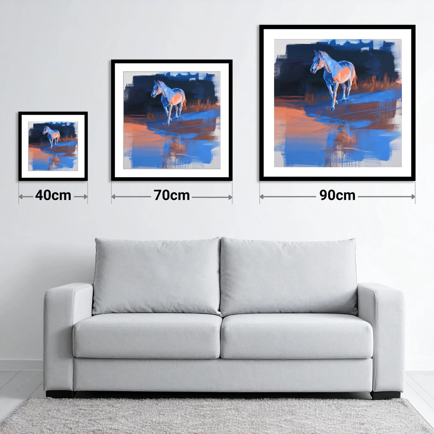 Cobalt Dawn Crossing - size guide showing 40cm, 70cm and 90cm art prints