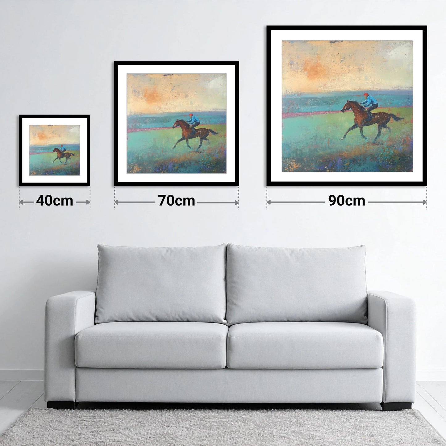Early Morning Gallop - size guide showing 40cm, 70cm and 90cm art prints