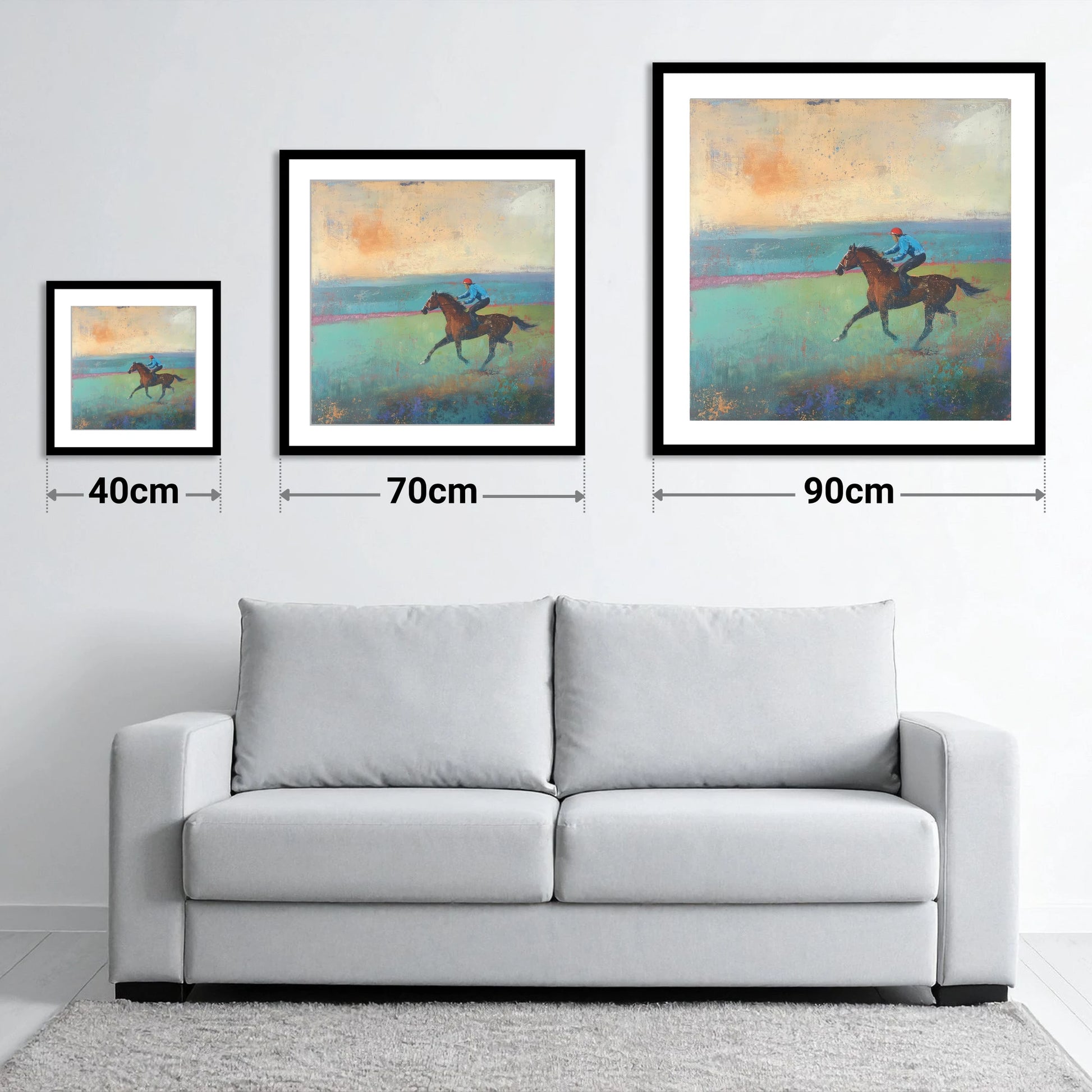 Early Morning Gallop - size guide showing 40cm, 70cm and 90cm art prints