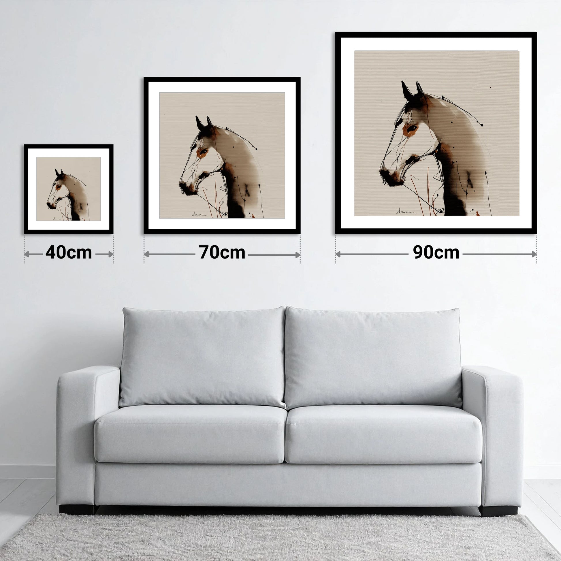 Sepia Ink Silhouette - size guide showing 40cm, 70cm and 90cm art prints