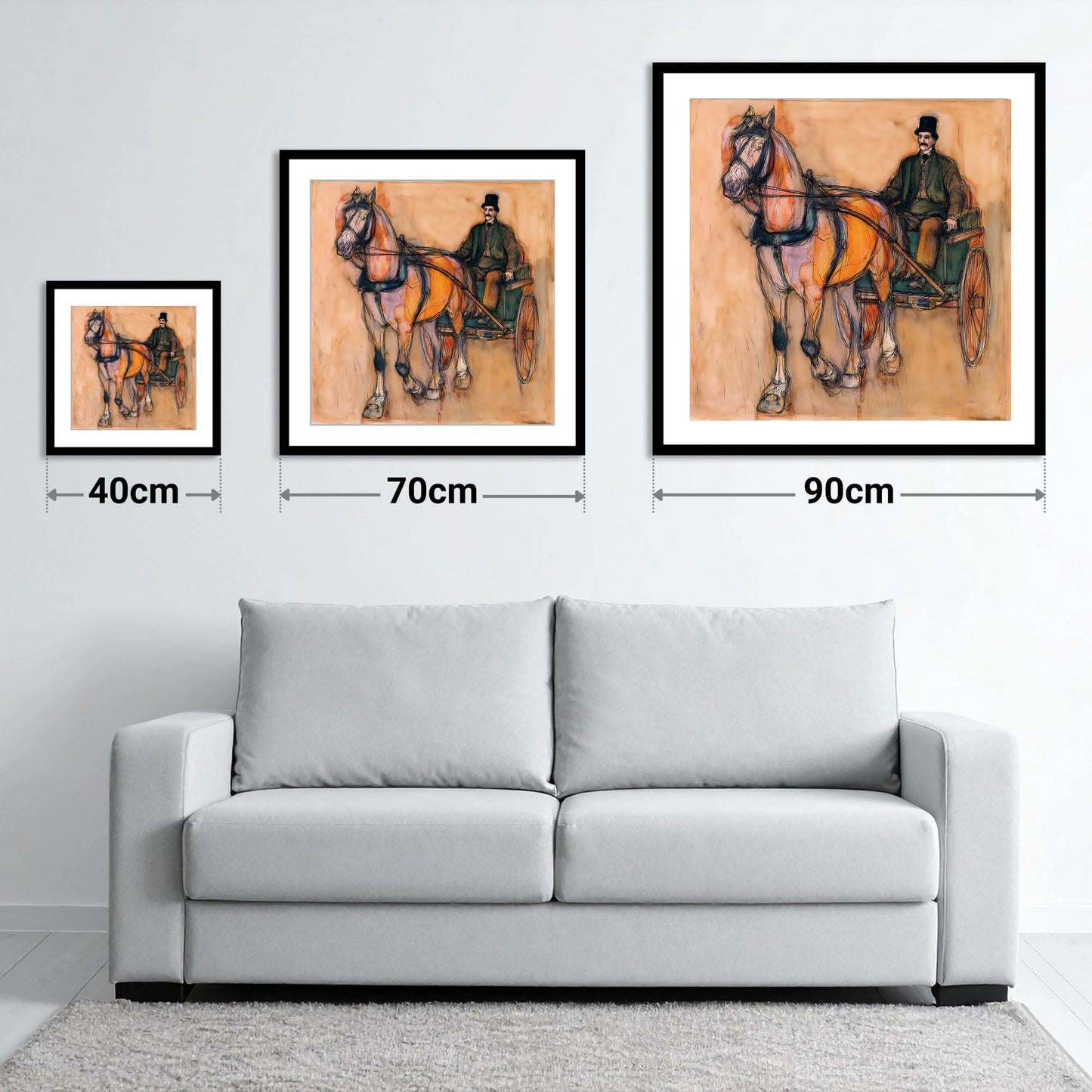 Gentleman of the Reins - size guide showing 40cm, 70cm and 90cm art prints