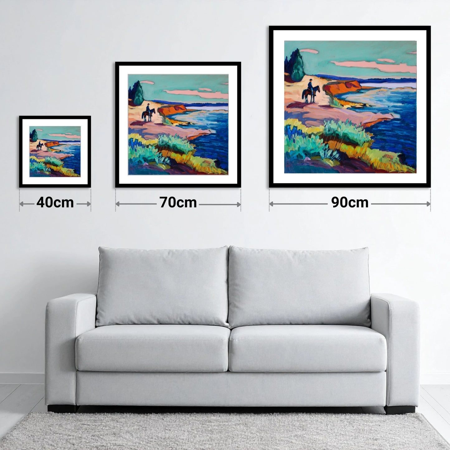 Vivid Coastal Hack - size guide showing 40cm, 70cm and 90cm art prints