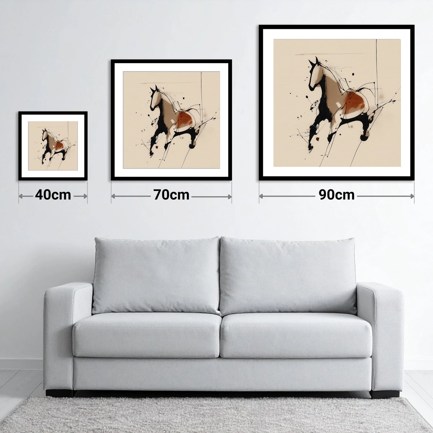 Dynamic Equine Form - size guide showing 40cm, 70cm and 90cm art prints