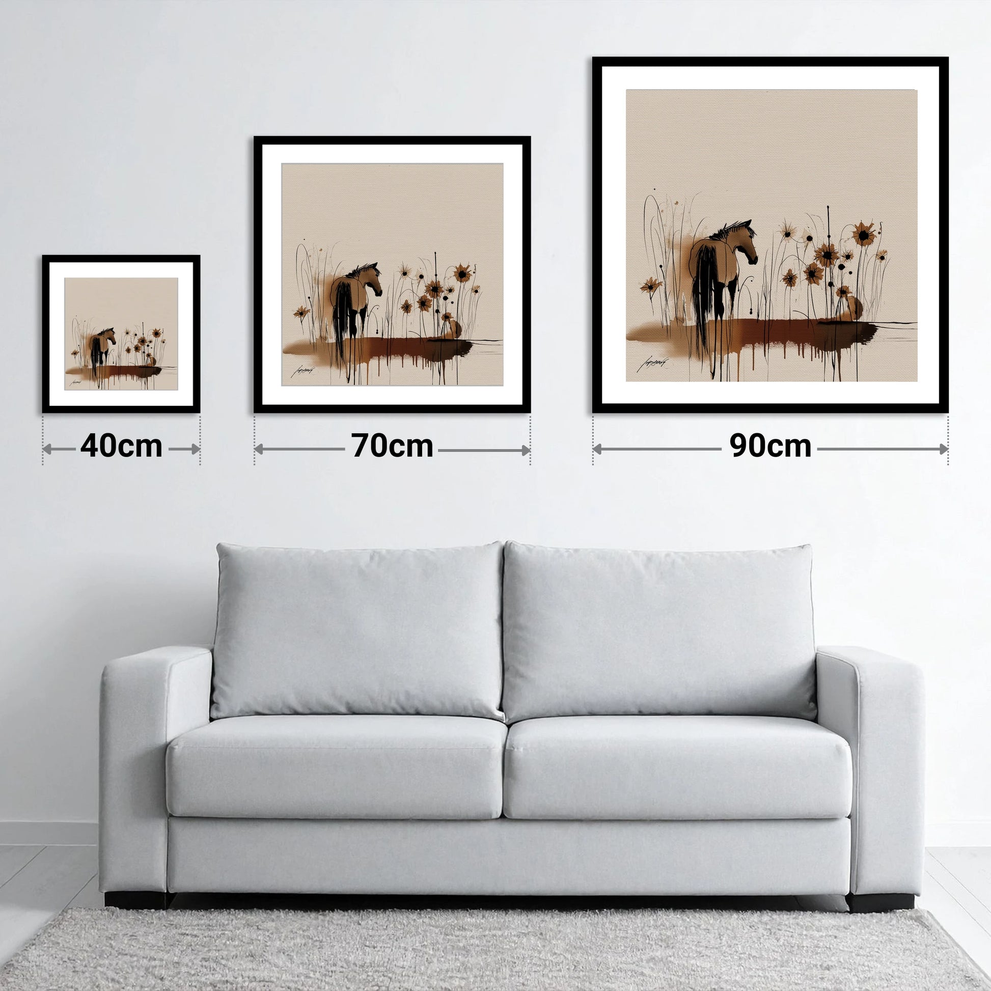 Sepia Meadow Silhouette - size guide showing 40cm, 70cm and 90cm art prints